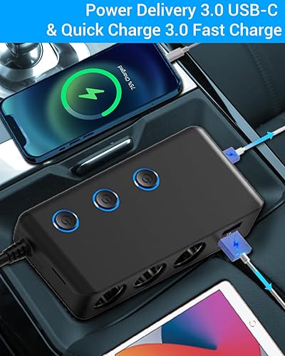 Miniatura 4 de Qidoe - Divisor de cargador de automóvil de 200 W, adaptador de encendedor de cigarrillos de 3 enchufes con PD30W USB-C y QC3.0, cargador de