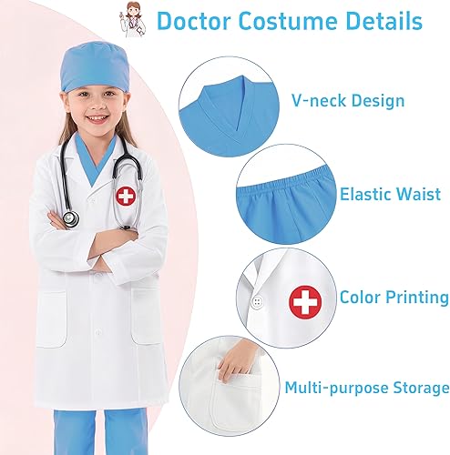 Miniatura 3 de Wbesty Ropa quirúrgica para niñas, disfraz de médico, 7 piezas, kits de juego con disfraz y accesorios para fiestas de Halloween