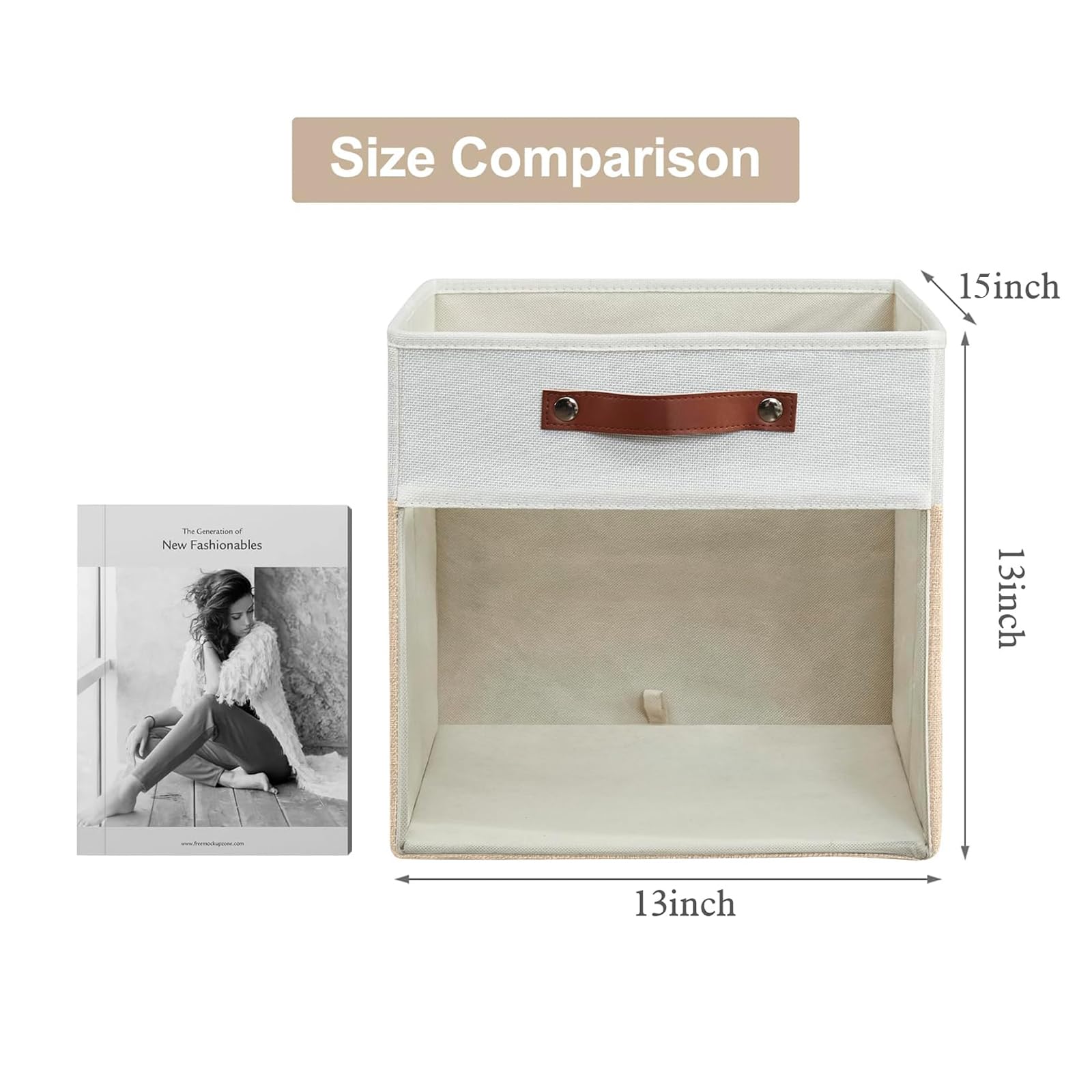 Bagnizer 4er Pack Große Faltbare Leinen Aufbewahrungsbox mit Sichtfenster | 33 × 38 × 33 cm, Faltbox mit 2 Griffen, Kallax Boxen, für Kleiderschrank und Regal, Kleidung, Spielzeug, Bücher, Beige & Weiß
