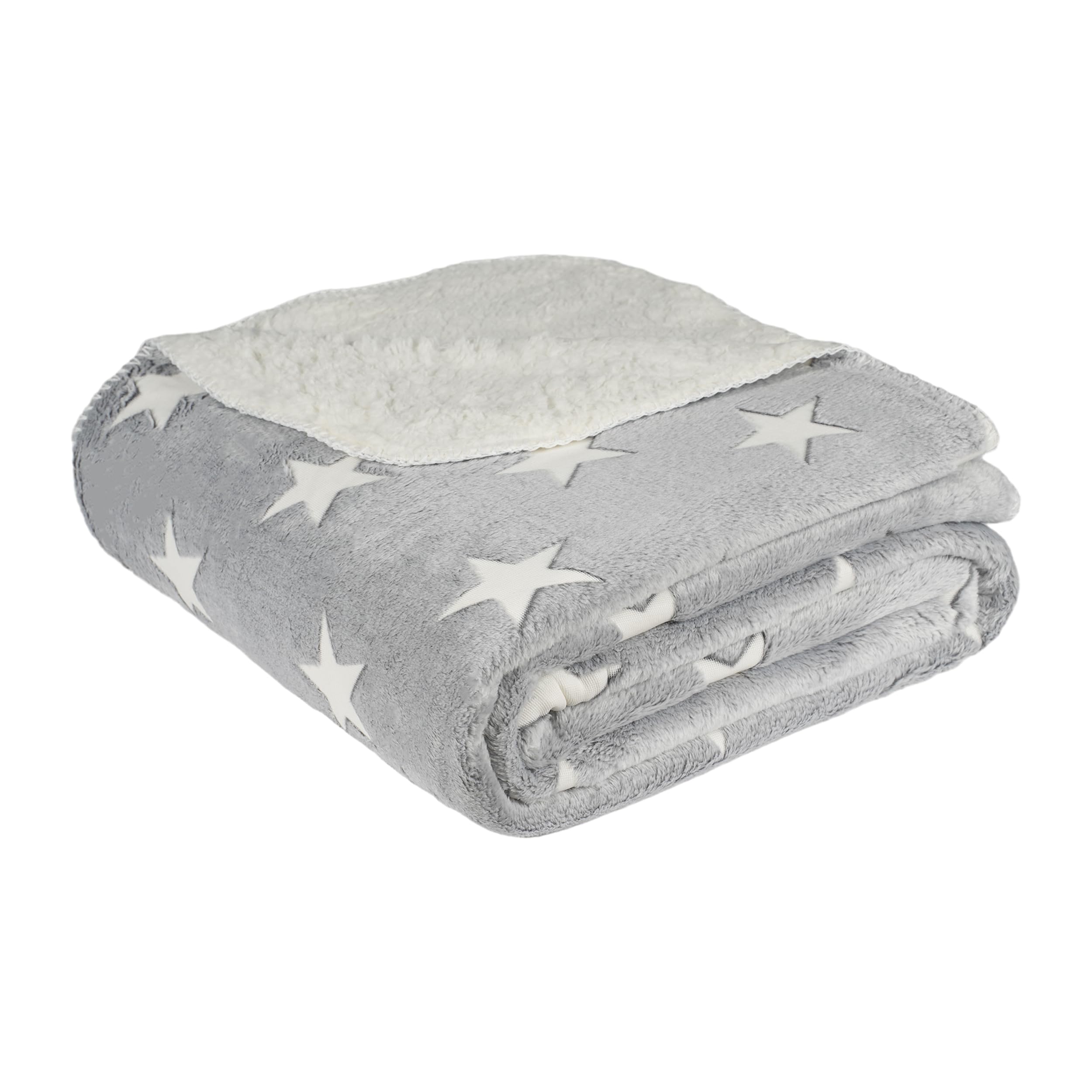Thick Warm Fleece Sherpa Blanket for Sofa and Bed - Reversible Soft Flannel Fleece Throw Blanket Ideal for Winter, 100% Fluffy Microfiber (Grey Star, 130x160cm)
