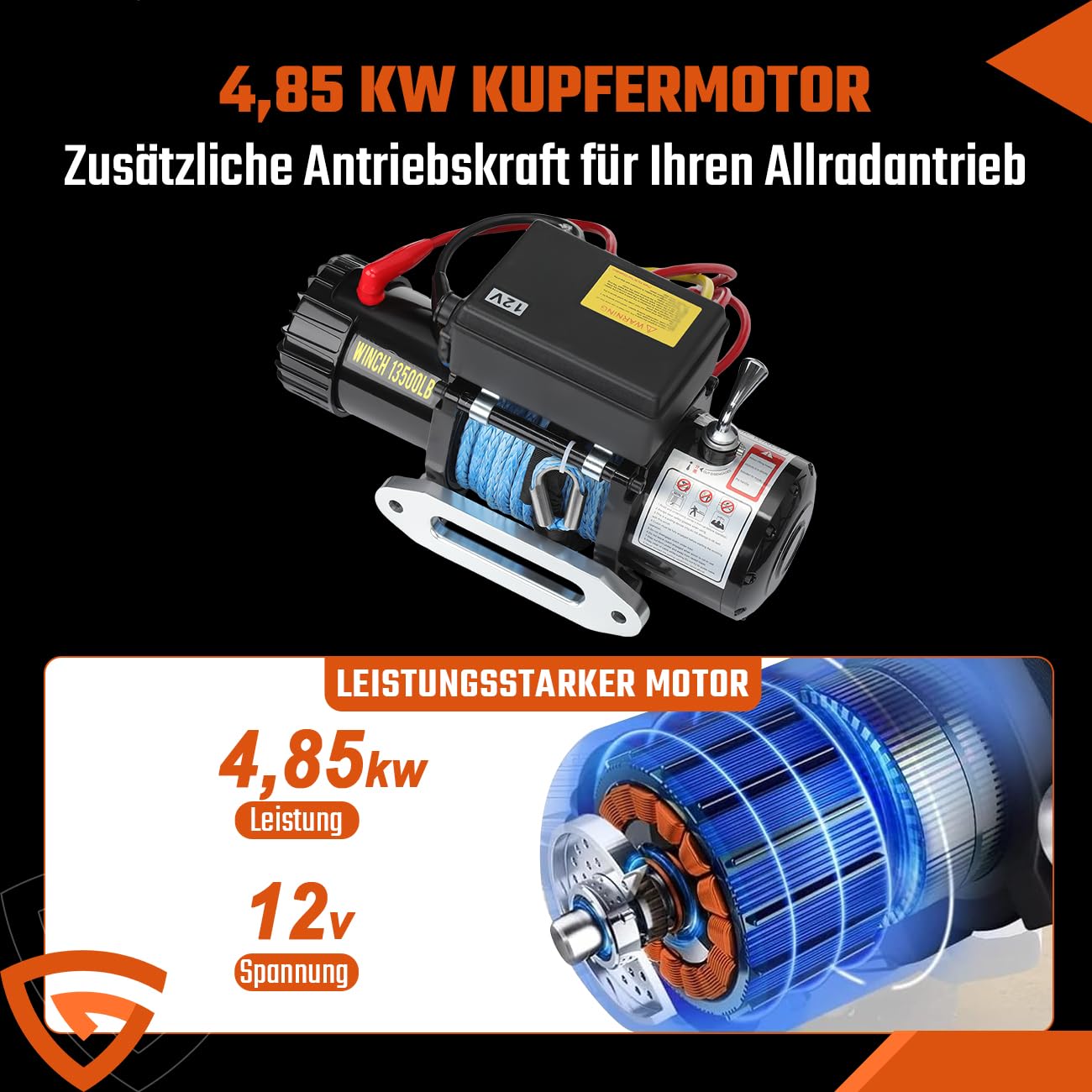 Elektrische Seilwinde 12V 6123 kg/13500lbs, Motorwinde 12V mit Dyneema-Seil, Funk & Kabel Fernbedienung, Wasserdichtem Steuergerät, Inkl. Seilfenster, IP67 für ATV, UTV, SUV, Boot, Anhänger