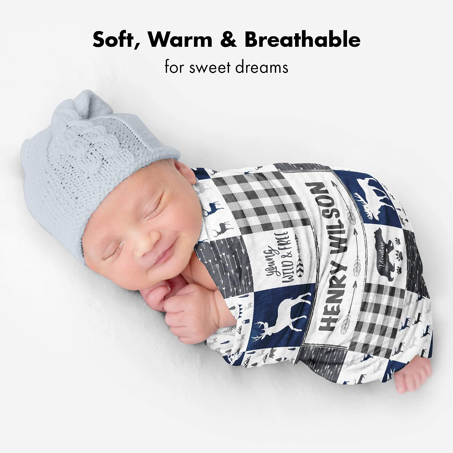 Personalized Wilderness Adventure Baby Blanket, Custom Name Cozy Fleece, Black and White Moose Bear Nursery, Buffalo Check Mountain Explorer Throw