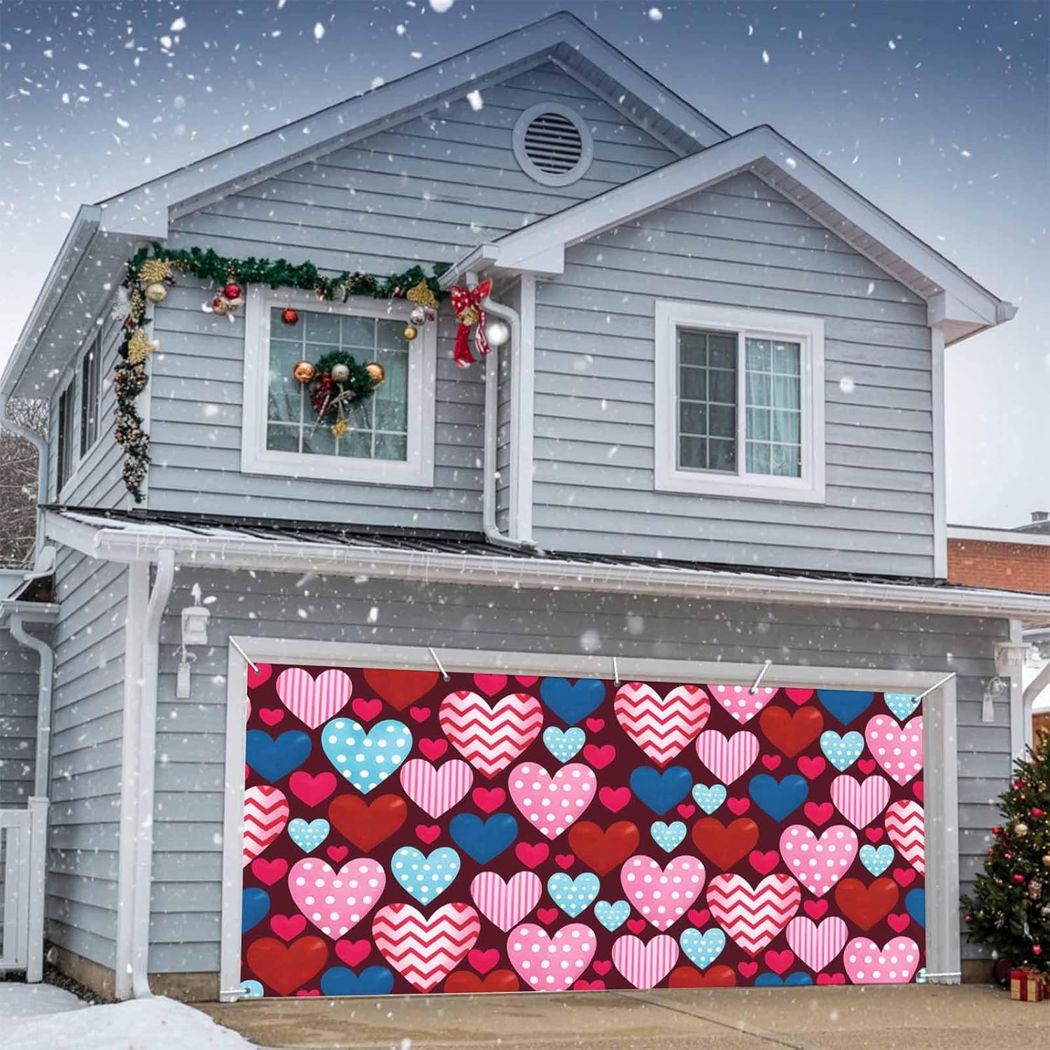 Valentines Garage Door Cover 7x8Ft Garage Door Banner Cover, Watercolor Pink Red Blue Love Heart Garage Door Decorations Backdrop for Christmas Holiday Garage Door Covers