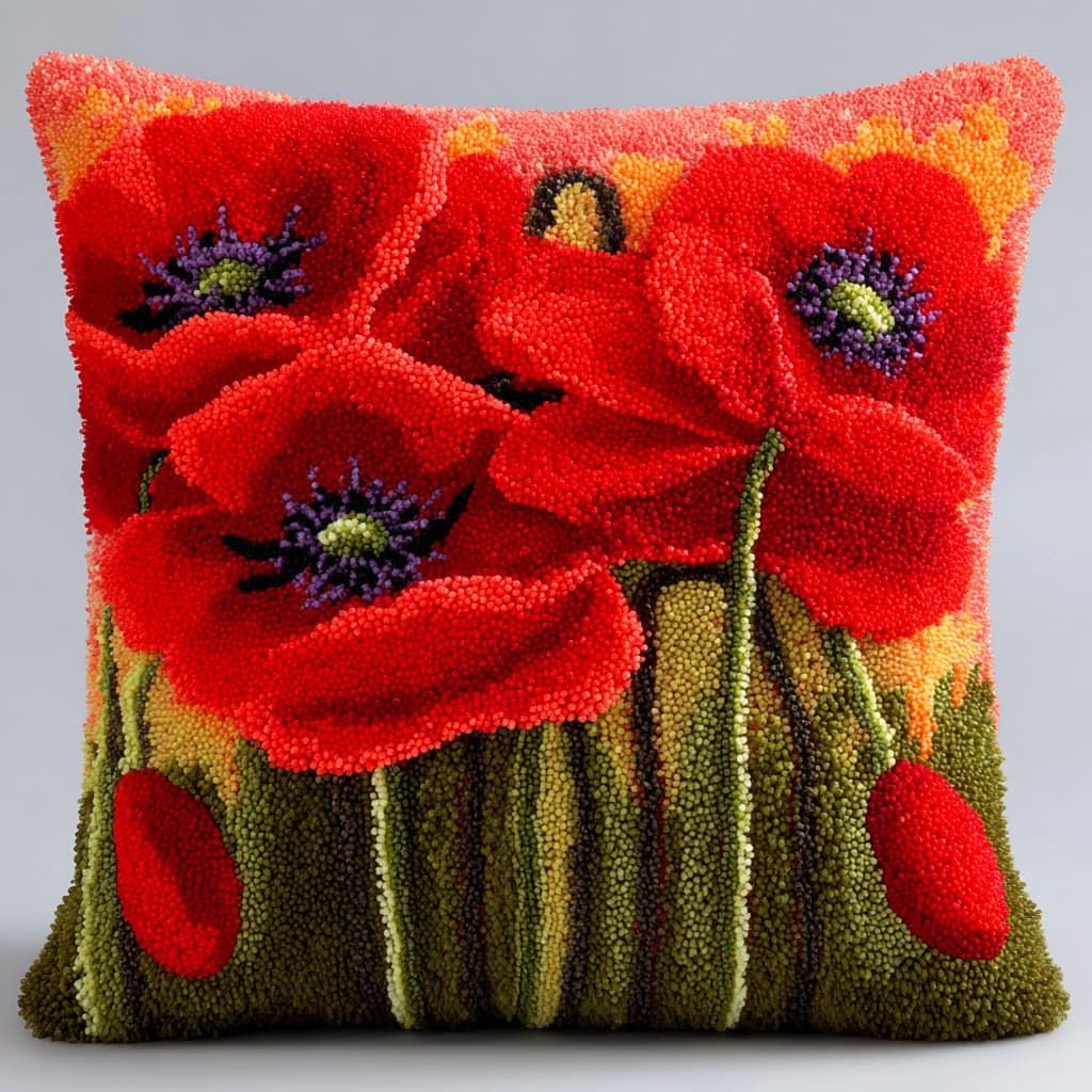 Taxpy Latch Hook Kits, Red Flowers Pillow DIY Rug Crochet Hook Cushion Making Kits Preprinted Pattern Canvas Handmade Rug Pillow Hooking Kit 43x43cm
