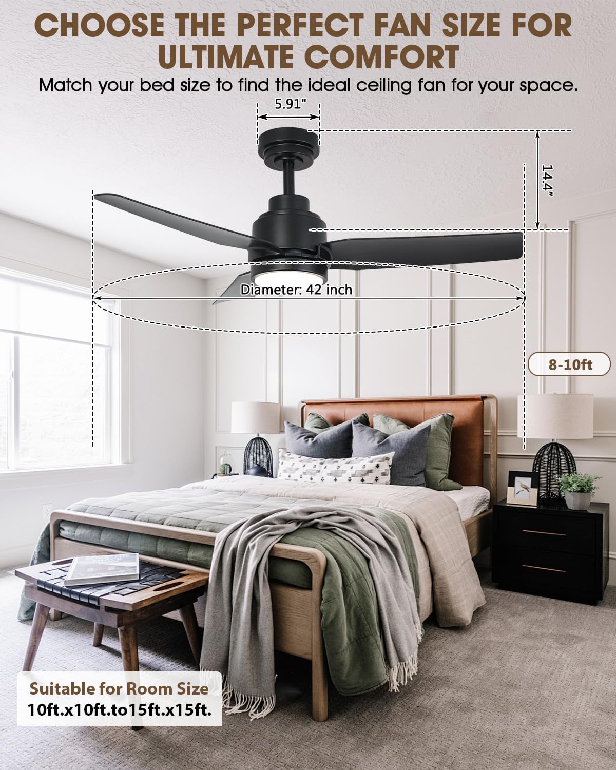 42" Modern Ceiling Fan with Lights and Remote, Quiet DC Motor Ceiling Fan with APP Control, 6 Speeds Reversible Flush Mount Fan, Dimmable LED 3000K/4000K/6500K for Bedroom Living Room Kitchen Patio