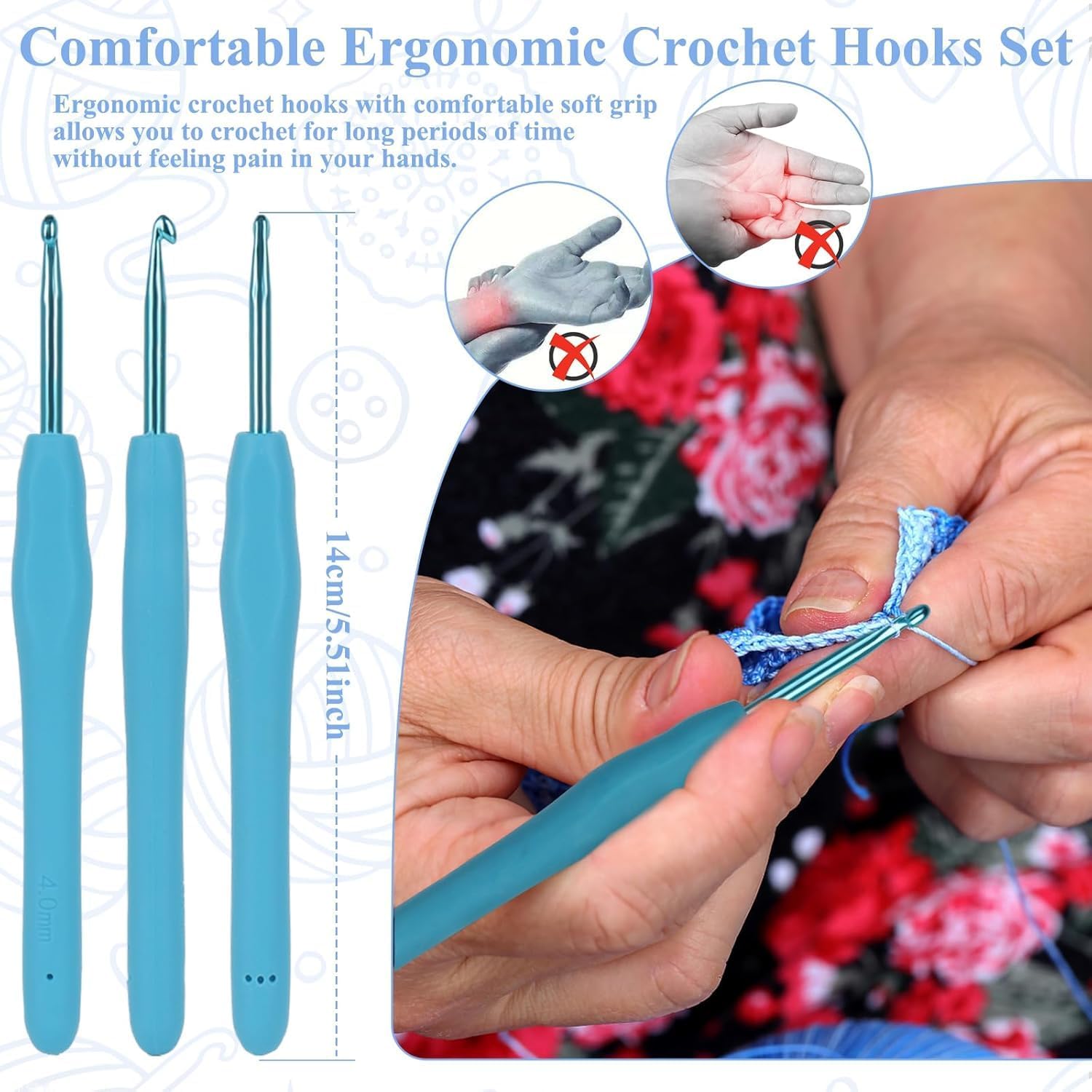 VIRADHAM 37-Piece Crochet Hook Set, Ergonomic Soft Grip Crochet Hooks for Arthritic Hands, Rainbow Aluminum Hooks with Knitting Needles, Stitch Markers, Case – Ideal for Beginners & Crochet Lovers (rainbow color kit) 3