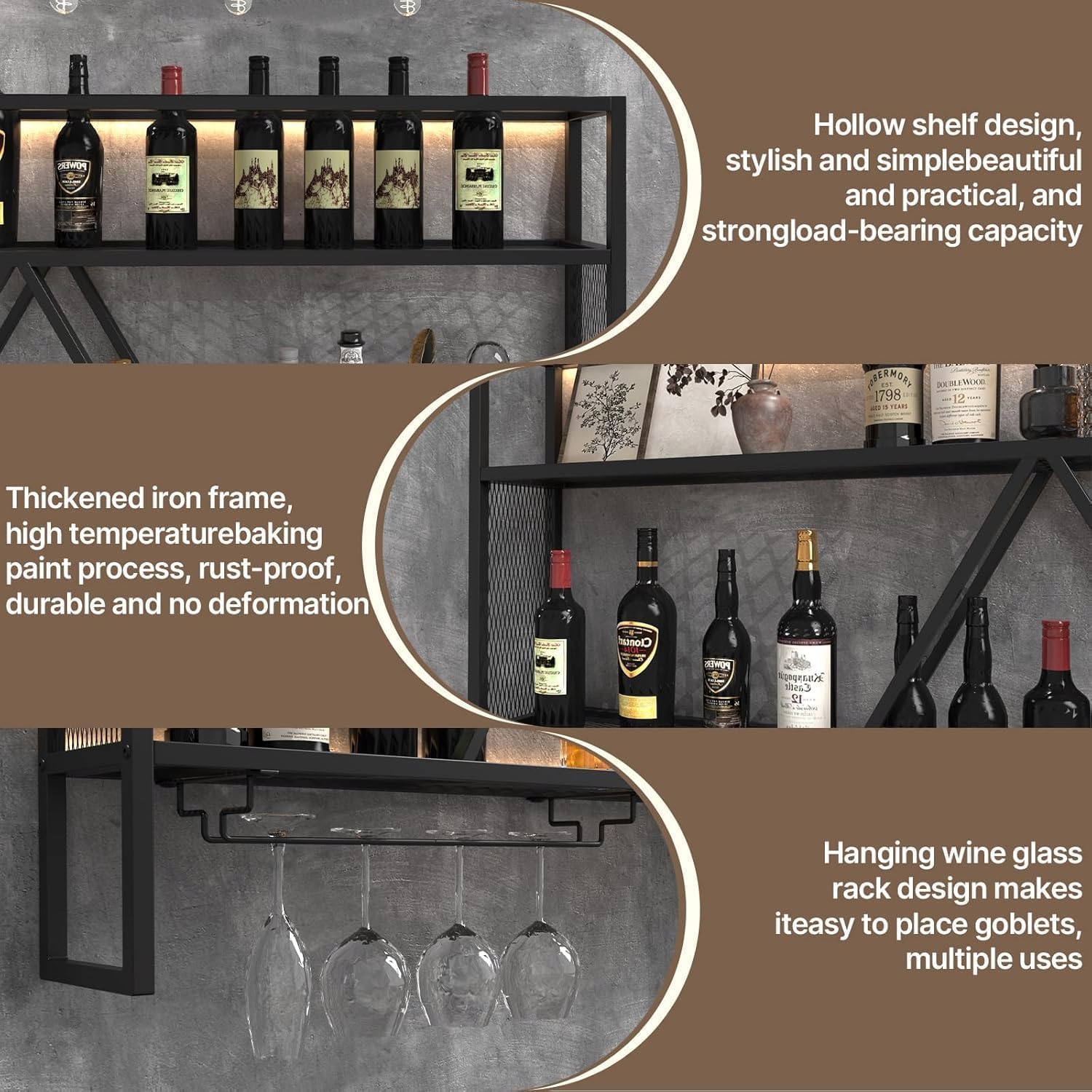 Wall Mounted Liquor Shelf with LED Lights, 47" Bar Shelves and Glass Holder – Industrial Metal Bar Shelf Wall Mounted Wine Rack, Wall Bar Shelves for Home Bar, Kitchen or Living Room