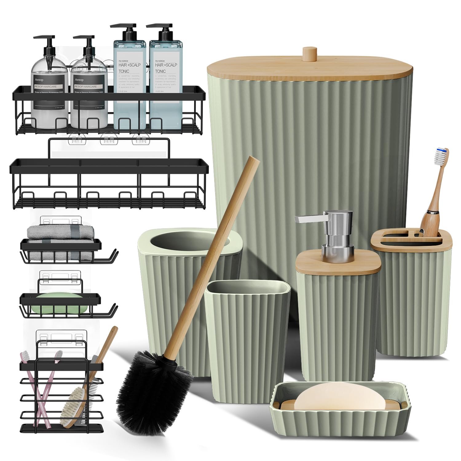 Clara Clark Bathroom Set โ Sage Green Bathroom Accessories Set, 6PC Bathroom Accessory Set, Bathroom Sets with Adhesive Corner Shower Caddy Hanging, Toilet Brush, Trash Can & Soap Dispenser
