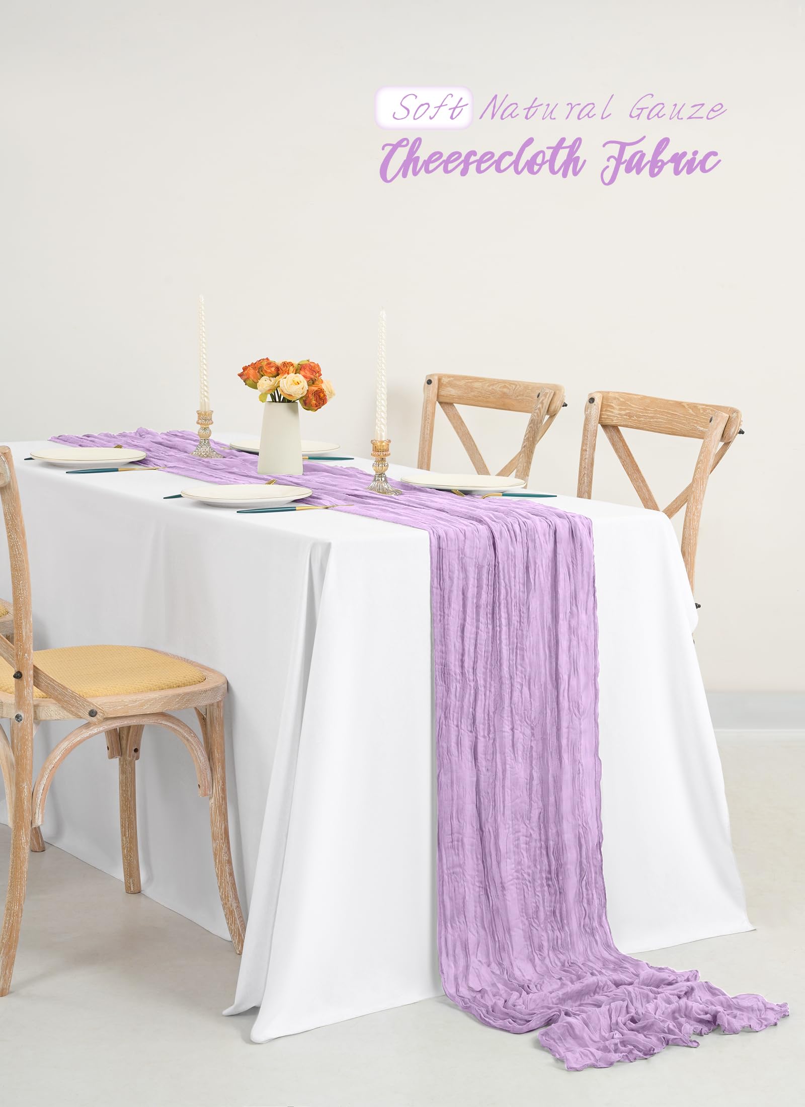 Confezione da 8 runner da tavola in garza da 3 m di lunghezza, colore viola chiaro, stile bohémien, per matrimoni, addio al nubilato, feste, banchetti-55 x 300 cm