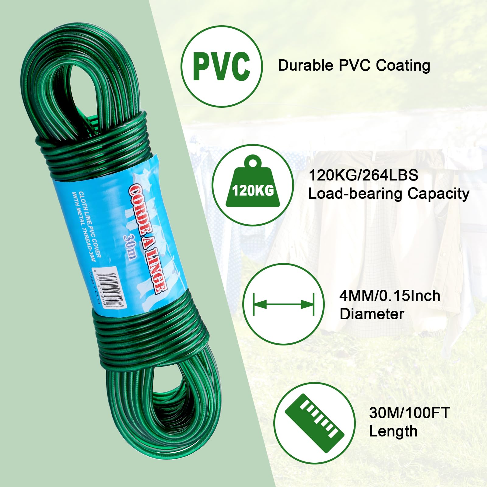 Yimomoyi 30m Washing Line Rope, Heavy Duty Clothes Line Steel Core, Strong String 4mm Dia Clotheslines - Image 2