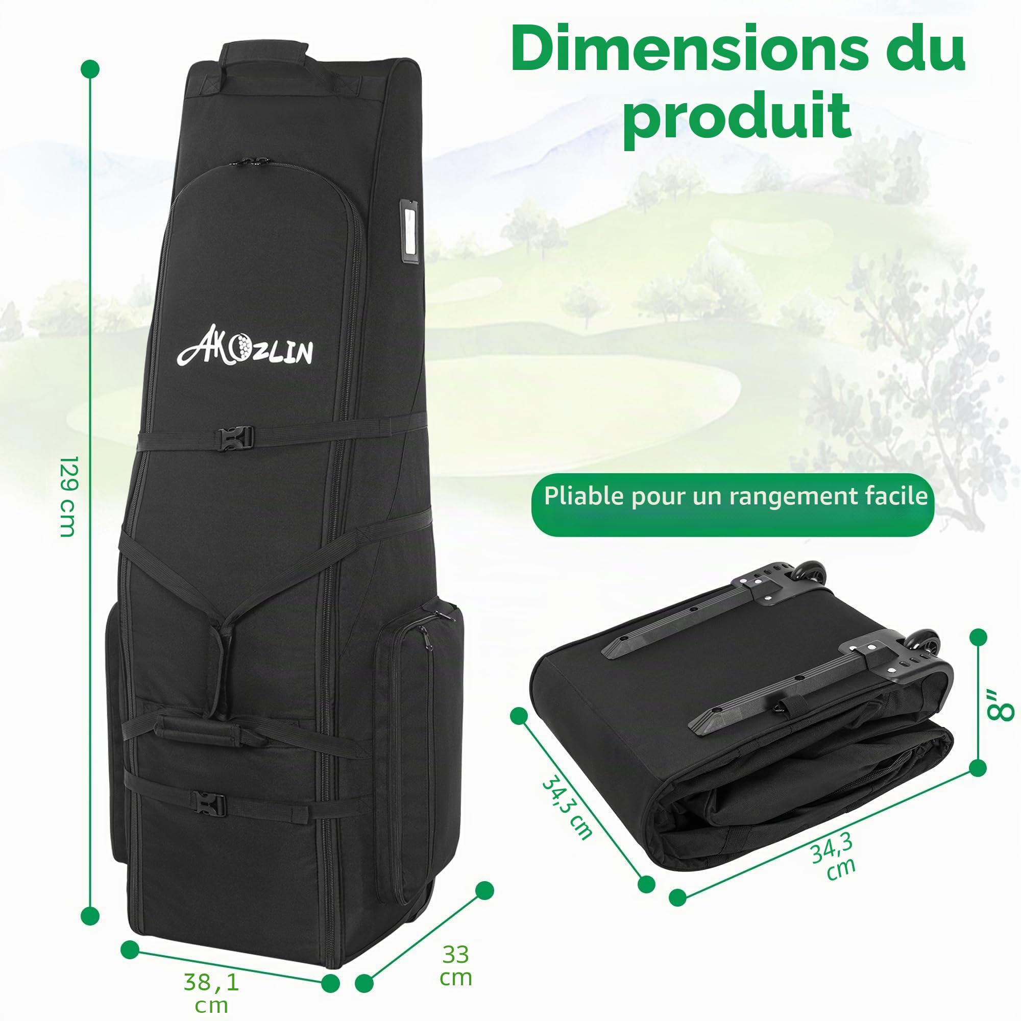 Sac de voyage pour golf avec roues, sac de clubs de golf à grande capacité, chariot de golf avec roues renforcées, sac de golf en tissu Oxford 900D imperméable pour les voyages en avion