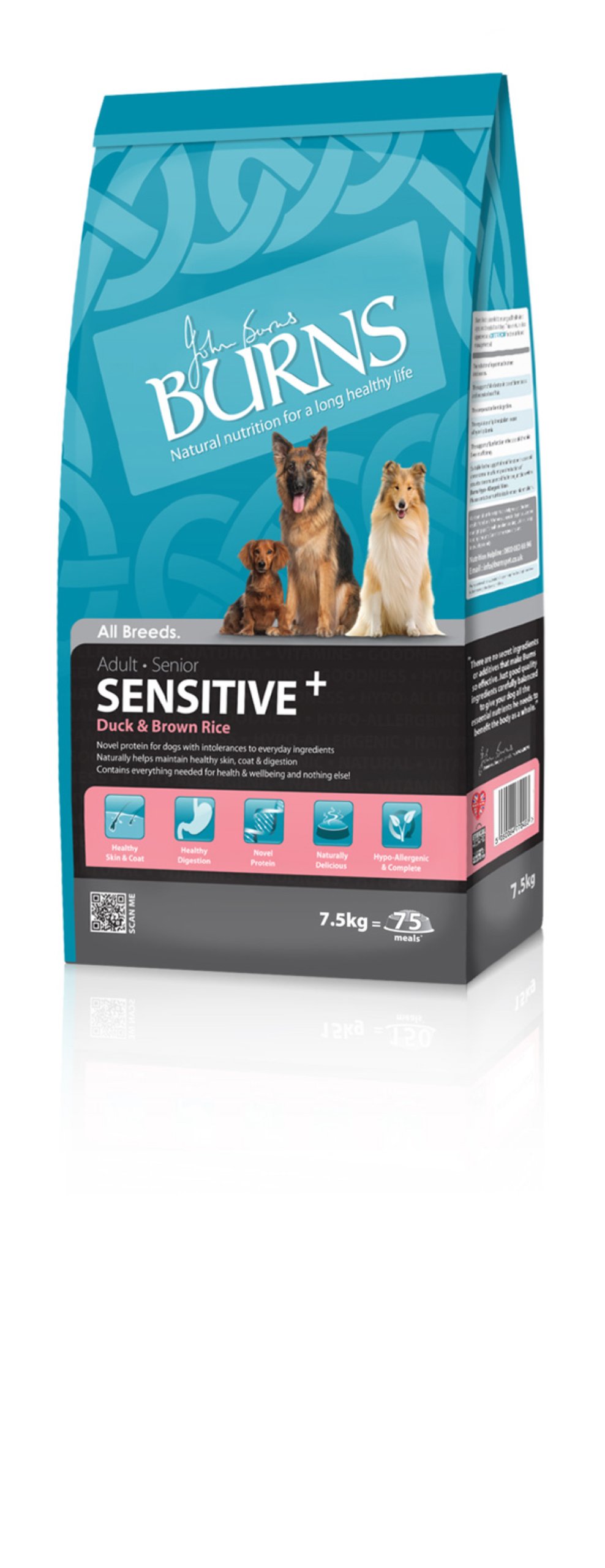 Burns Pet Sensitive Complete Dry Adult and Senior Dog Food Duck and Brown Rice, 7.5 kg