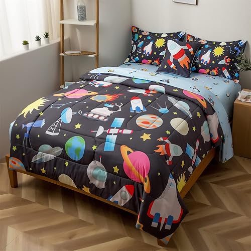 Miniatura 2 de lishjekee Juego de edredón de espacio exterior tamaño individual para niños, juego de ropa de cama de 6 piezas en una bolsa, edredón individual para