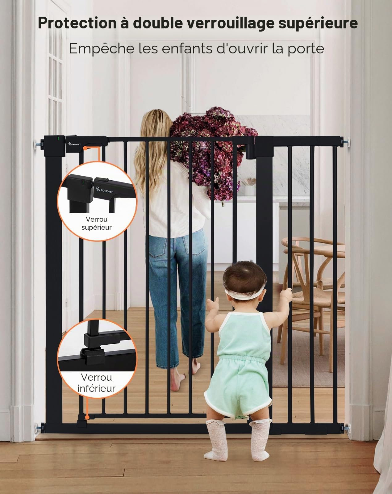 COMOMY Barriere de Securite Enfant Super Haute, 75-103cm Barriere Chien Escalier, sans Percage, Extensible, Fermeture Automatique, Monté sous Pression (Noir)