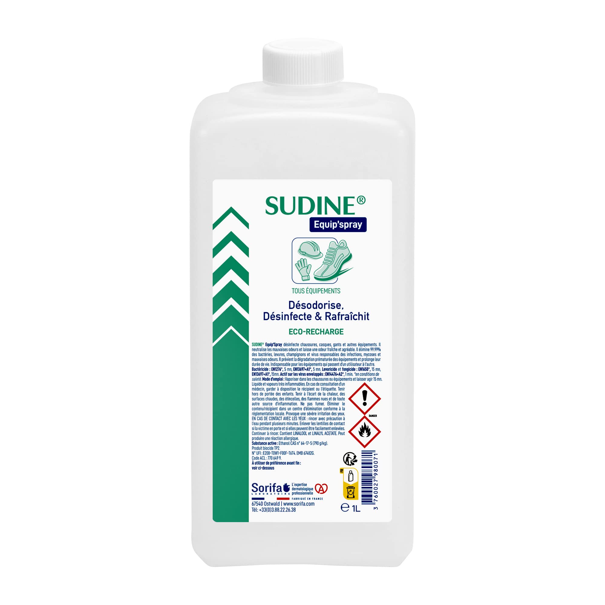 Sudine Equip’spray - Désodorise, désinfecte, rafraichit - Chaussures, casques, gants, équipements - Recharge 1L pour SUDINE Equip'spray 50 et 125 ml ou pour le Spray 1L SORIFA