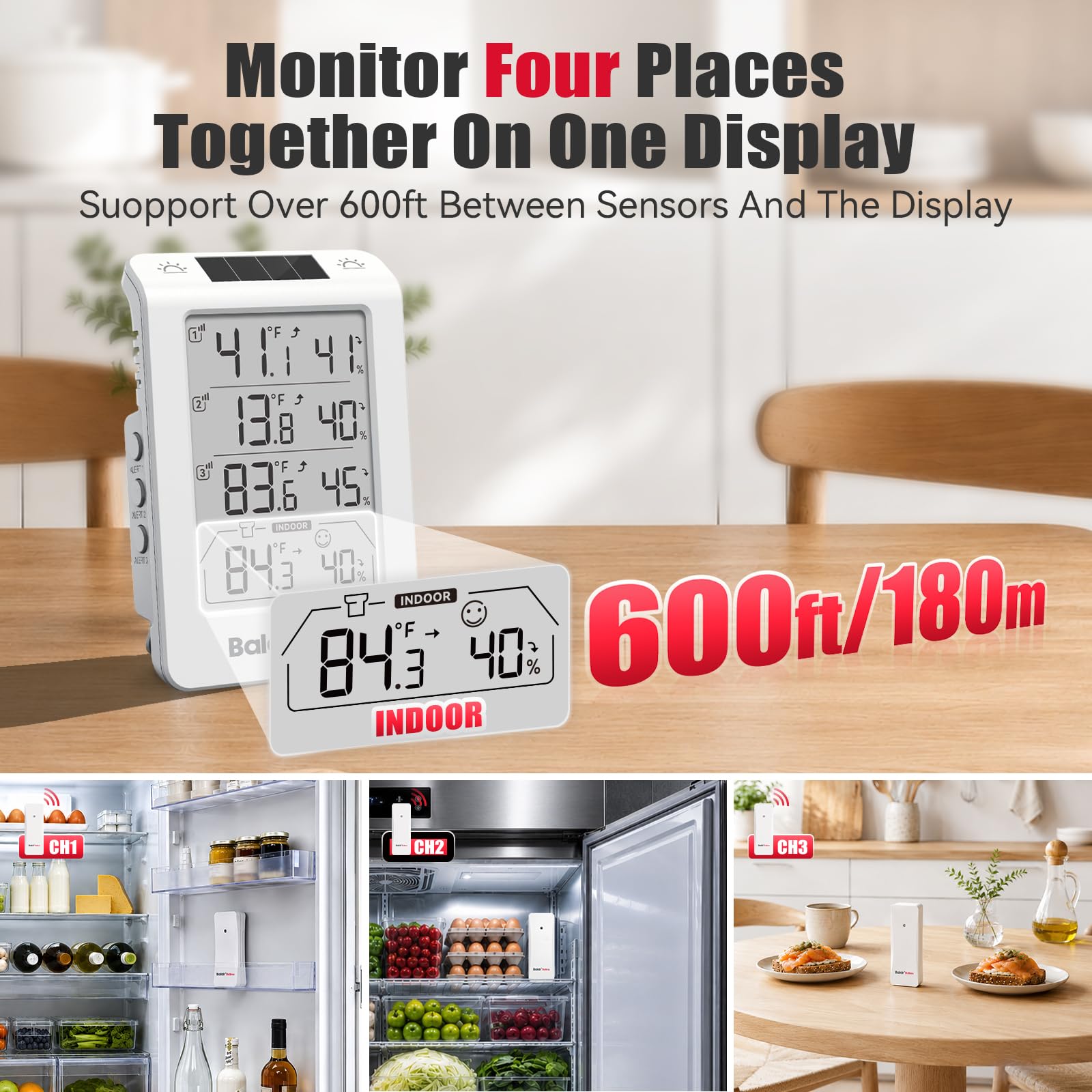 BaldrTherm Thermomètre hygromètre sans fil à trois canaux, grand écran de température et d'humidité, rétroéclairage automatique intelligent, portée de 100,6 m et alertes en temps réel pour intérieur