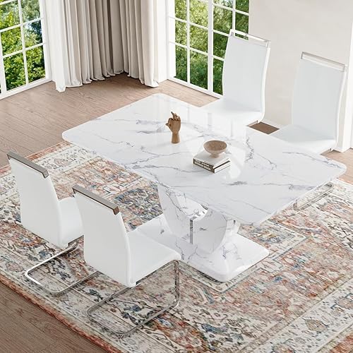 Miniatura 67 de JUFU Juego de mesa de comedor para 6 personas con sillas tapizadas de poliuretano, mesa y sillas de comedor de mármol sintético gris de 63 pulgadas,