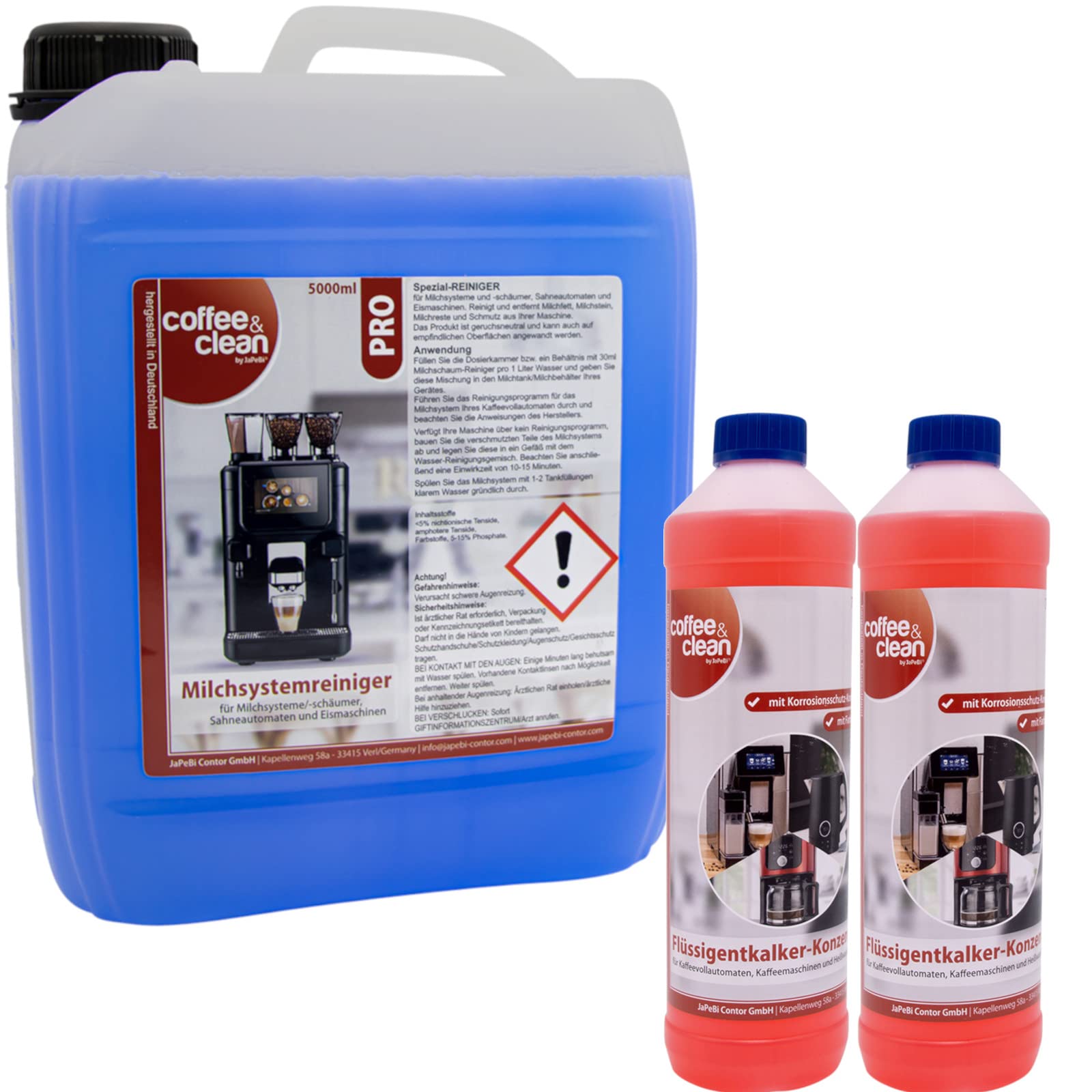 5L Milchschaumreiniger + 2L Flüssigentkalker für Kaffeevollautomaten für Kaffeevollautomaten Cappuccino- und Espresso-Maschinen Gastro