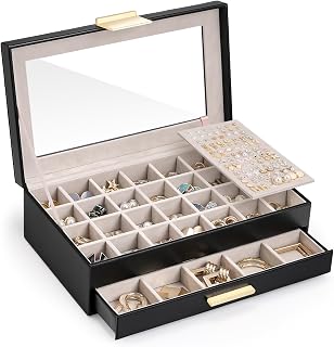 Lolalet Caja de almacenamiento para pendientes, organizador de joyas grande con 2 niveles, color negro