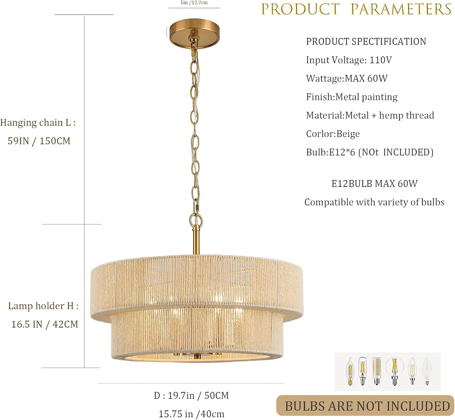 20" Boho Rattan Gold Chandelier Light Fixture, Hand Woven Coastal Adjustable Modern Hanging Farmhouse Pendant Light for Kitchen Island, Living Room, Dining Room, Bedroom, Entryway, UL Listed