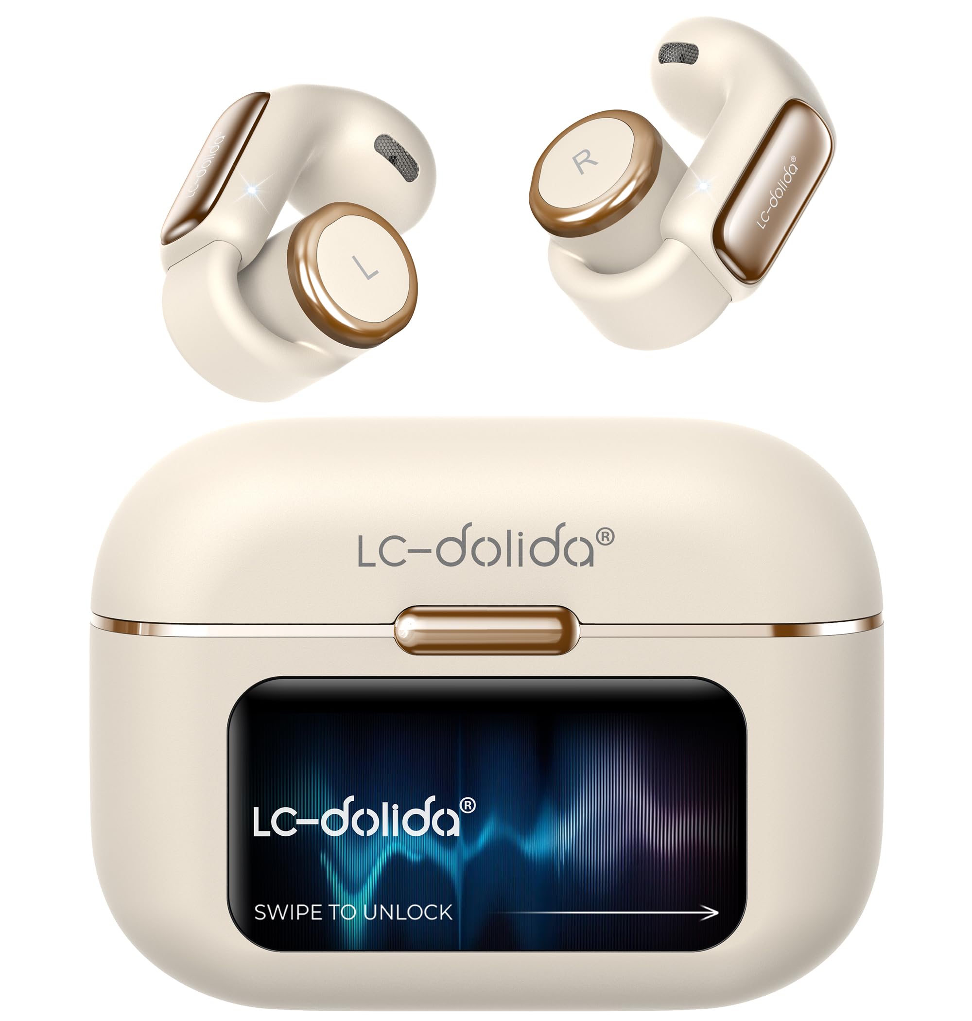 LC-dolida Open-Ear Wireless Earbuds with Smart LED Display Case, Clip On Earbuds All-Day Comfort & Situational Awareness, Case Control for Volume, EQ, Music, Find My Earbuds & Camera, Silvery White-image-35