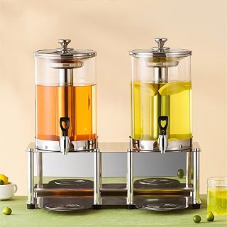 Dual Head Drink Dispenser, 16L Catering Buffet Juice Dispenser with Borosilicate Glass Body, Stainless Steel Sink & Ice Core, for Parties Wedding Hotel Buffet Banquet Restaurant