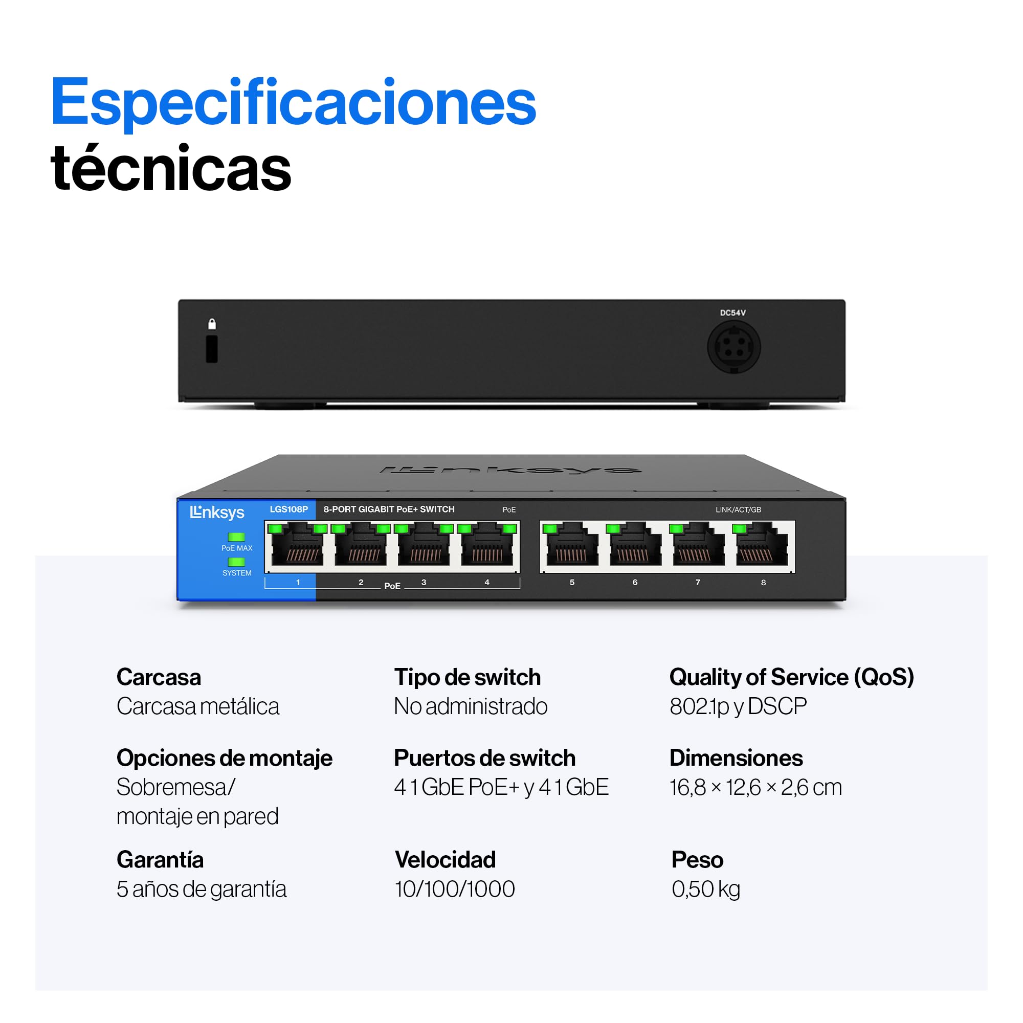 Linksys LGS108P-EU switch de red Gigabit no administrado de 8 puertos con 4 puertos PoE+, hasta 1000 Mbps para empresas y particulares, vigilancia IP, conmutador Ethernet de sobremesa — view 7
