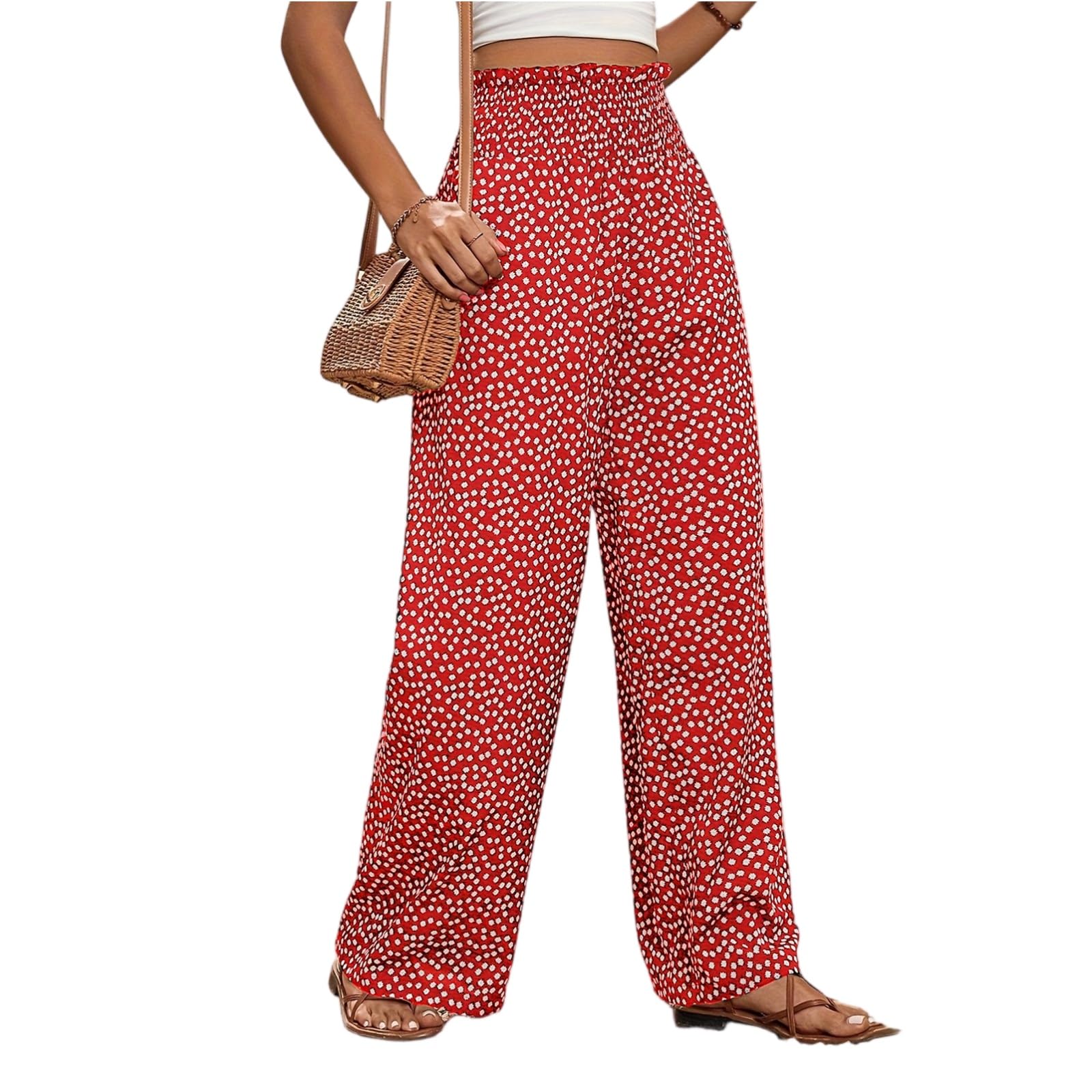 eoeioa Palazzo Pants for Women Dressy Baggy Colorblock Elastic Waist Linen Pants Lightweight Beach Pant with Pockets