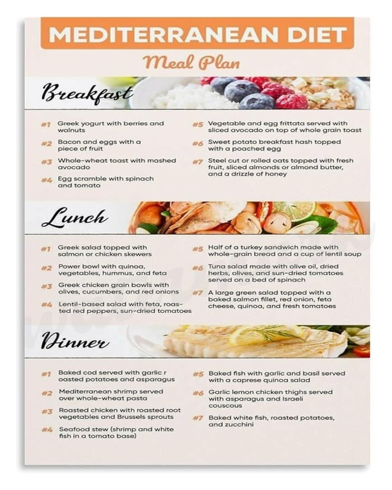 FNYUVNFAF Mediterranean Diet Weight Loss Meal Plan Canvas Poster Wall-Art Clean Eating Guide for Gym Home Decor