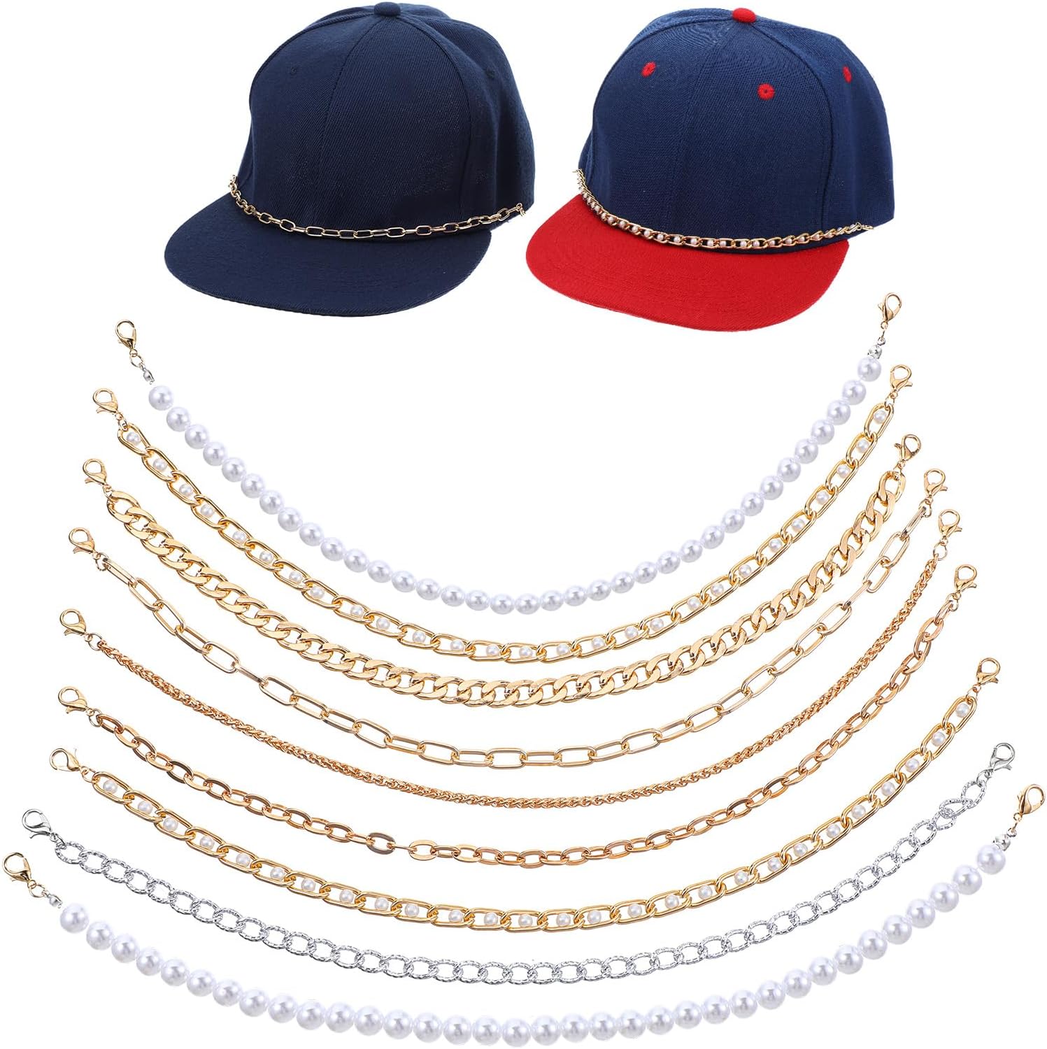 ElevateTech Trucker Hat Chains, 9 Pcs Metal Pearl Chain Bill Decoration