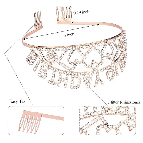 Miniatura 3 de CIEHER Corona de cumpleaños, banda de reina de cumpleaños y tiara de diamantes de imitación, corona de reina de cumpleaños de oro rosa, corona