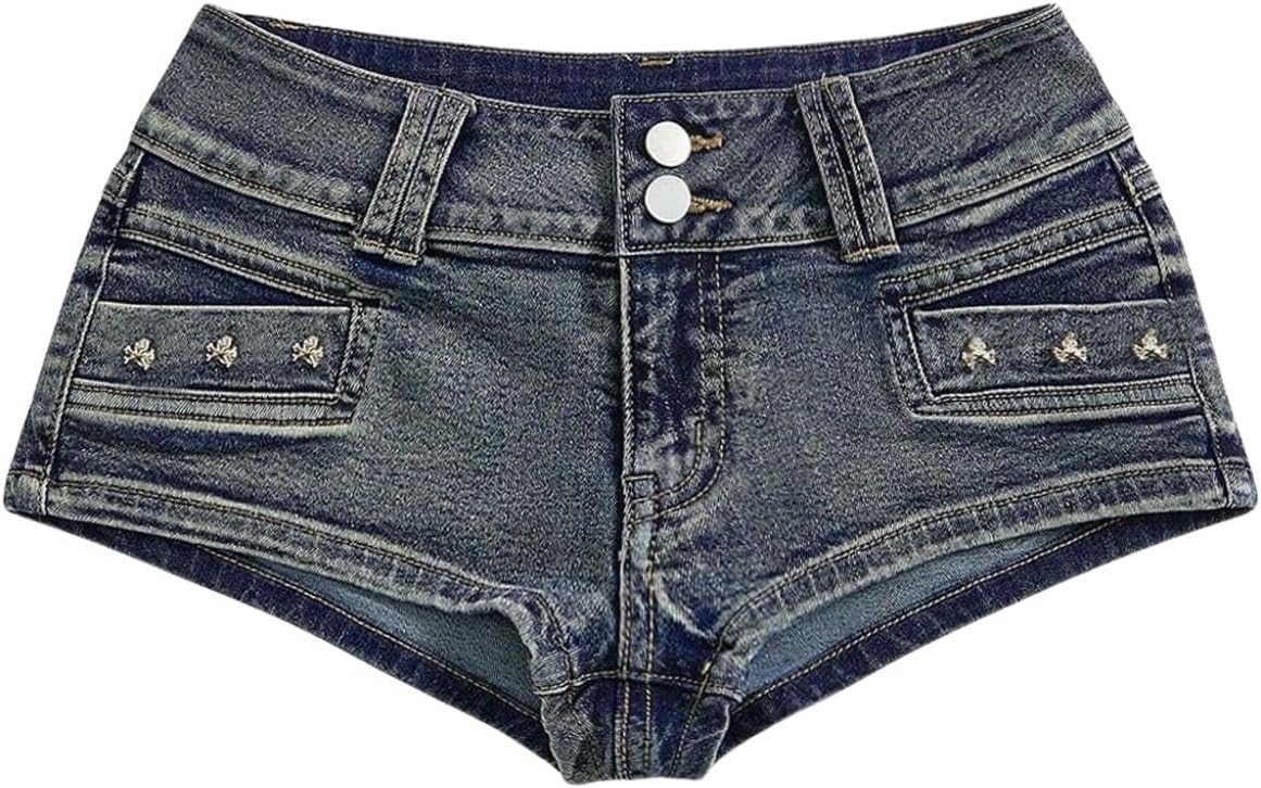 Verdusa Women's Low Rise Jeans Y2K Goth Vintage Booty Stretchy Mini Jean Shorts with Pockets Going Out Bottoms