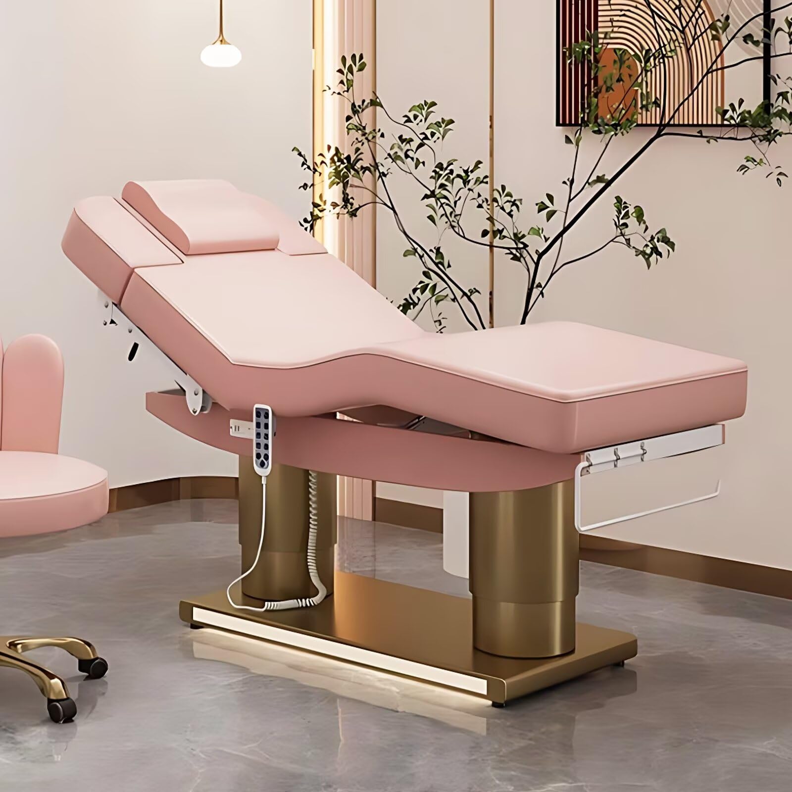Massage Table-Electric Massage Table with Pink Luxury Double Column Design Beauty Bed Includes Intelligent Angle Adjustment Thermostatic Heating