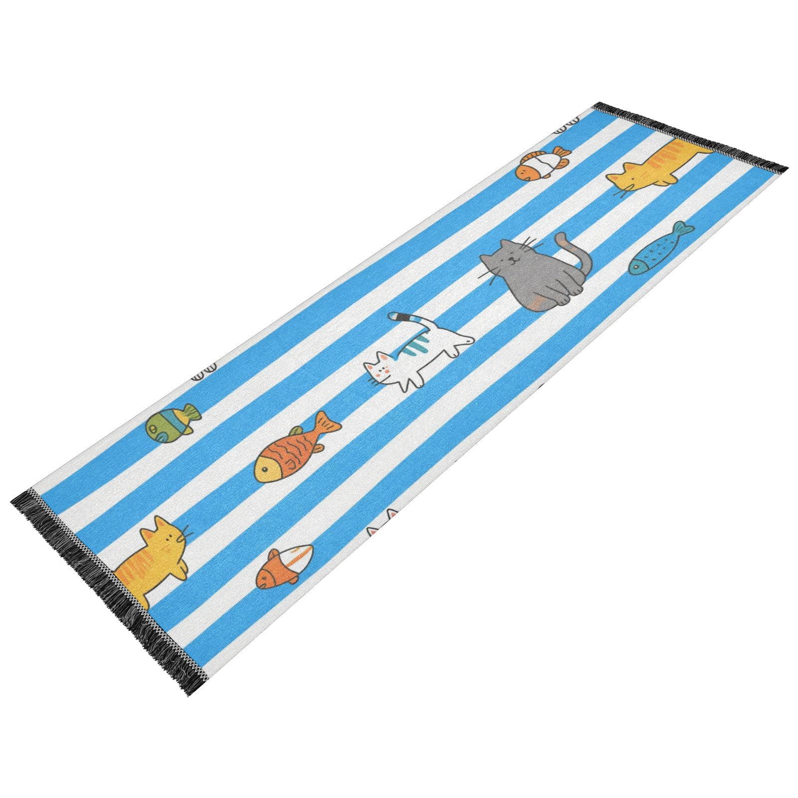 Tapis de couloir pour salon et chambre motif chat rayé bleu