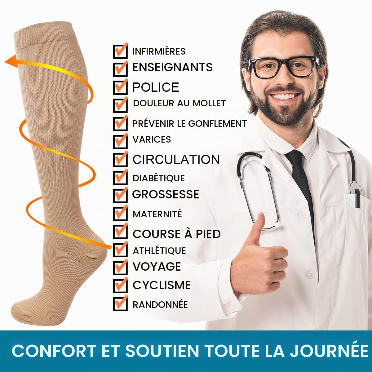 Lot de 6 Paires Chaussettes de Compression Contention pour Hommes et Femmes, pour Running, Sport, Cyclisme, Voyage en Avion et Grossesse de Maternité, Récupération