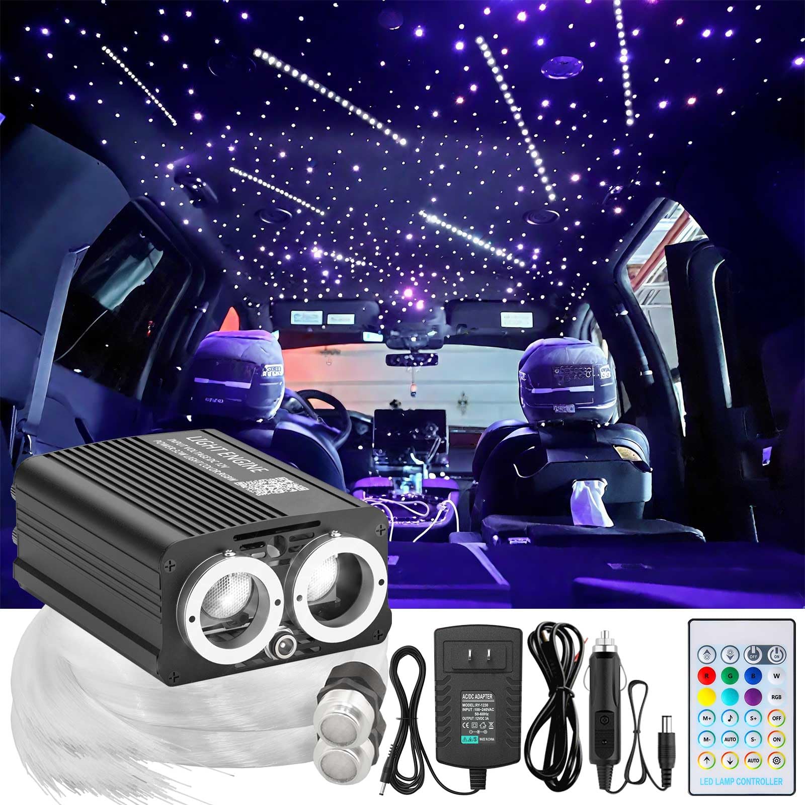 VASTFIRE 32W Auto Tetto Fibra Ottica Starry Sky Light 1200 Pezzi 3 m Meteor Twinkle 2 in 1 Dual Port Motor App Bluetooth Sound Control Plafoniera per Decorazione Auto (Porta doppia 1200pcs*3m*0.75mm)