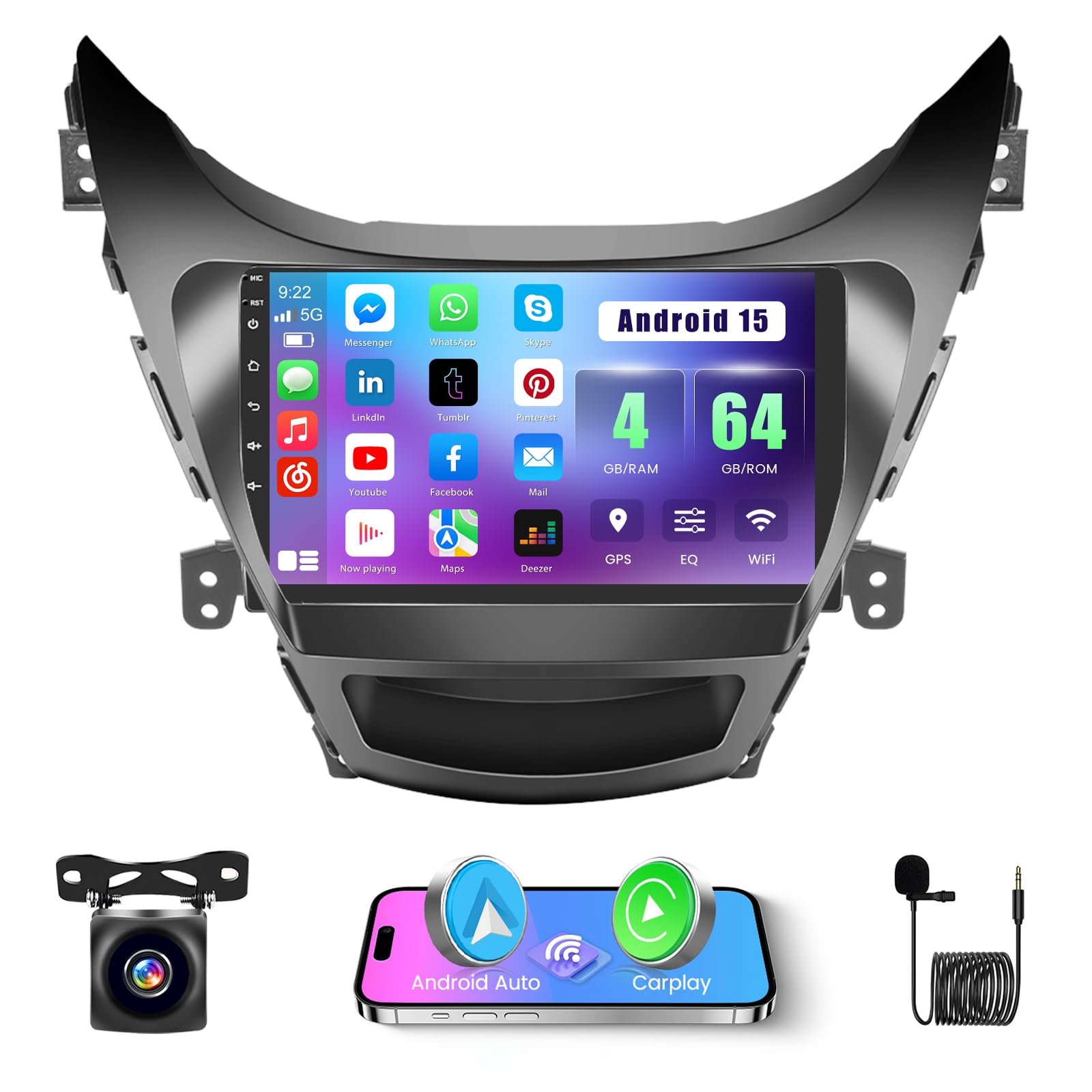 Inefala 4+64G Radio for Hyundai Elantra 2011-2013 CarPlay Stereo Android 15 IPS 9" Touchscreen Android Auto Backup Camera Bluetooth 5.0 GPS EQ 13UI