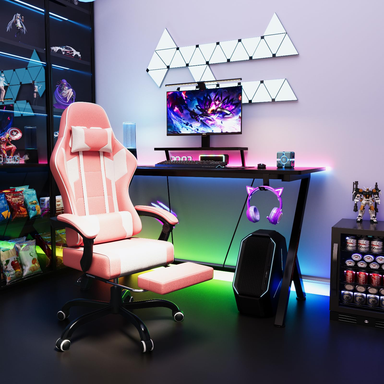 TRIUMPHKEY - Sedia da gaming con poggiapiedi telescopico, schienale regolabile 90°-150°, sedia da gioco con poggiatesta e supporto lombare, sedia da ufficio, 150 kg (colore rosa)