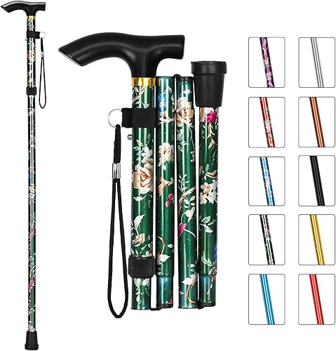 MFE Bastón plegable, portátil de 5 niveles de altura ajustable con diseño plegable, correa de muñeca y mango en T para hombres y mujeres