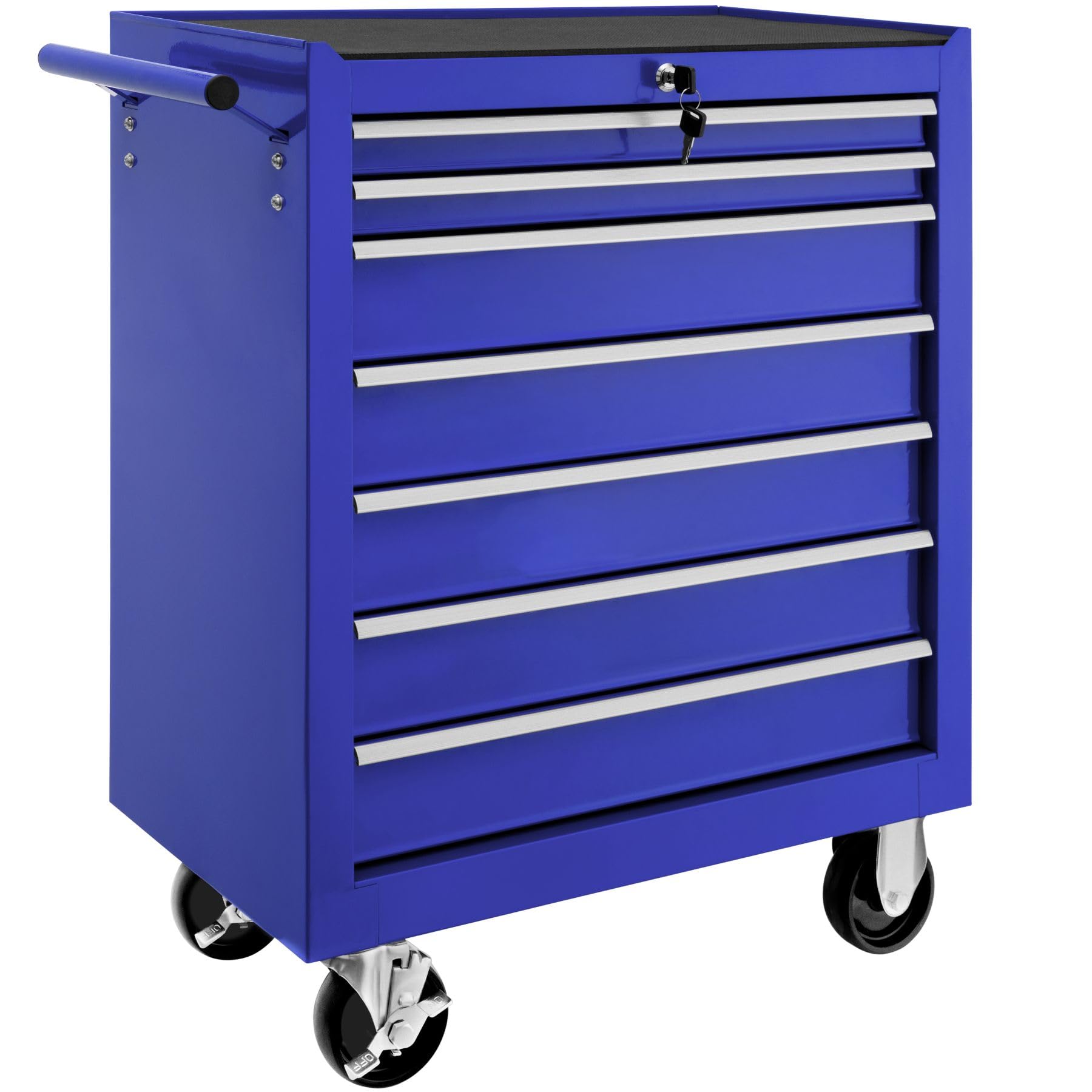 tectake Auxiliary Trolley with Wheels, 7 Drawers, Powder Coated, Tool Organizer, Empty Tool Box, Metal Cabinet, Workshop Cart, Wheels with Brake - Blue