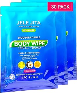 Ultra Gentle Body Wipes No Rinse, 30 Individually Wrapped Personal Hygiene Shower Wipes for Women and Men, Spa-Grade Comfort, Biodegradable, Great for Gym Travel Camping Post Surgery 8"x12" Unscented
