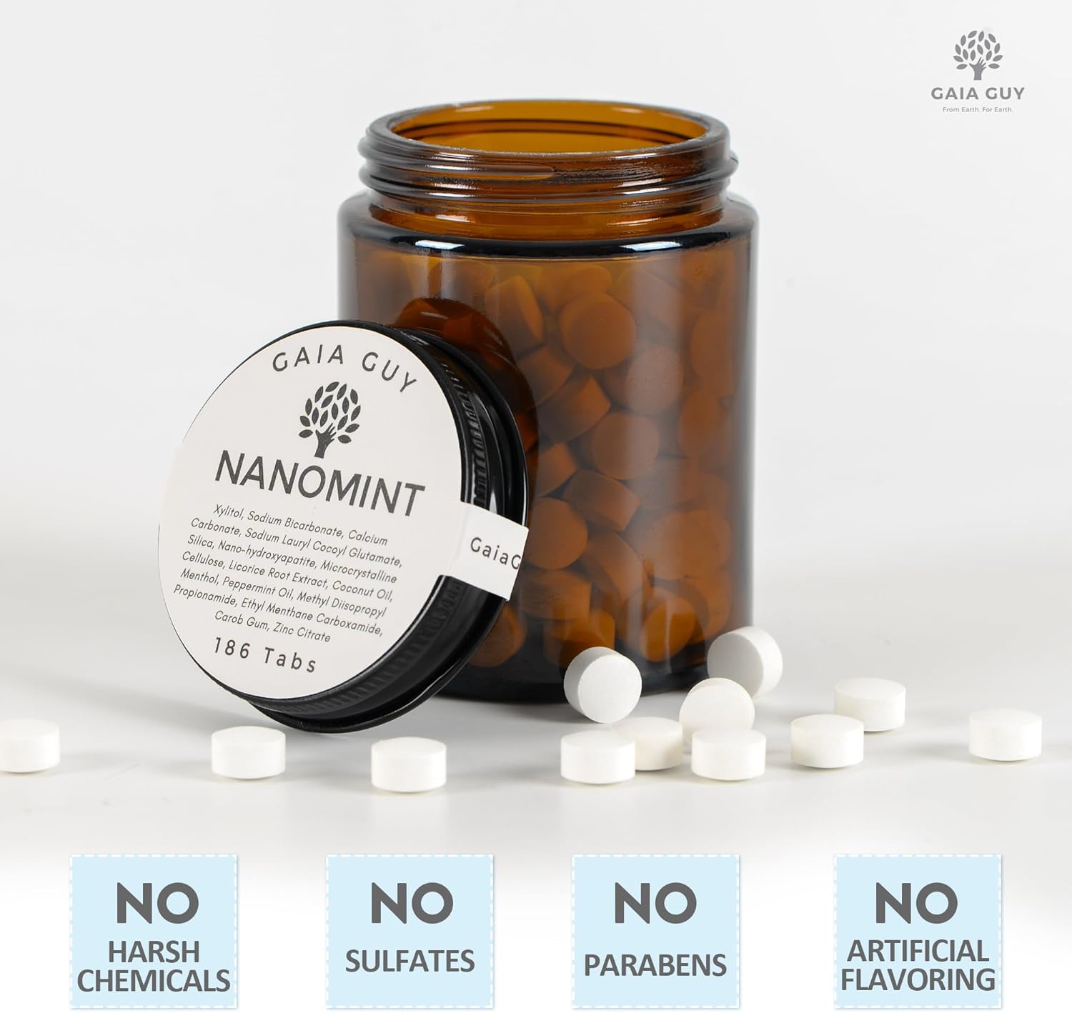 Gaia Guy | NanoMint Fluoride Free Toothpaste | Nano-Hydroxyapatite Remineralizing Toothpaste Tablets - Nano Hydroxyapatite (nHA), Plastic Free, Eco-Friendly Glass Jar | 186 Tabs