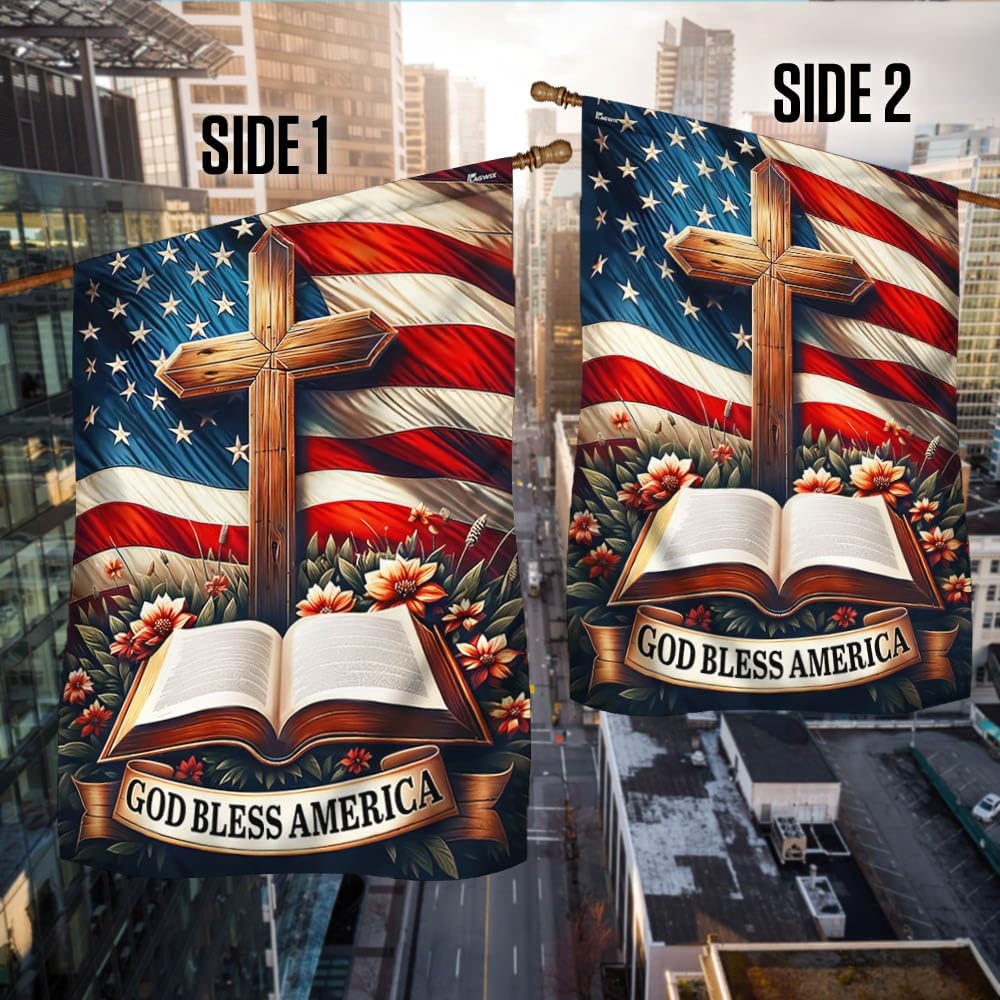 American Flag-God Bless America Christian Cross American Flag TQN2673F, House Flag (29.5" x 39.5")-USA Flags Premium Polyester-Decorative Indoor Outdoor Flag