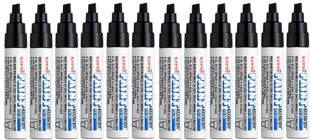 Uni Coloured Broad (4-8.5mm) PX-30 Black Oil Paint Marker Pen Metal Glass Wood Plastic Stone Outdoor Chisel Nib Tip (Pack Of 12)