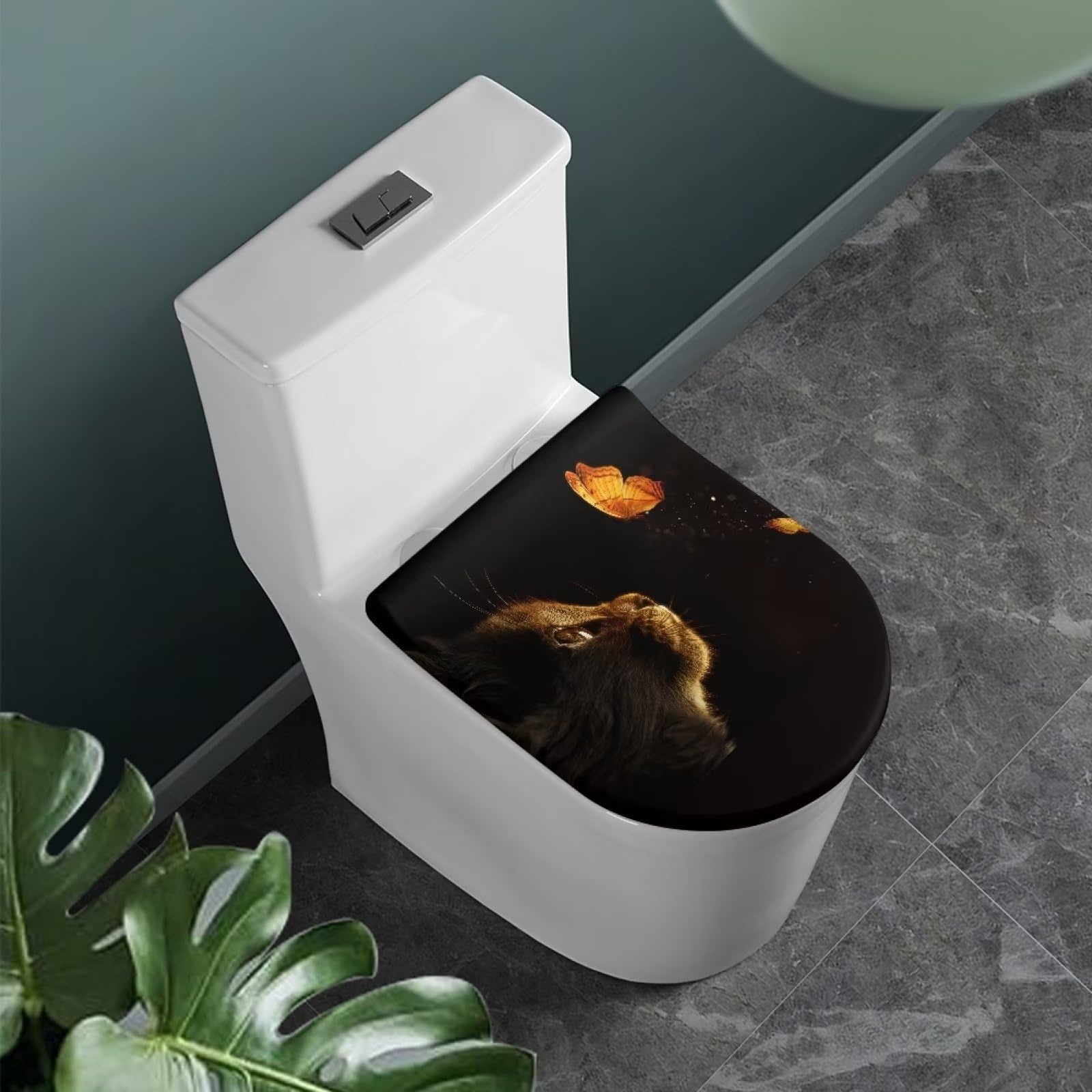 COEQINE Black Toilet Lid Cover,Cute Cat Butterfly Machine Washable Seat Covers Lid Cover Elastic Non Slip Lid Cover for Bathroom