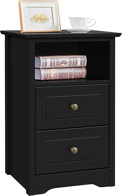 Yaheetech Bedside Cabinet with 2 Drawers & Shelf, Black Bedside Table for Bedroom, Living Room & Home Use, Nightstand Side Table with Smooth All-Metal Rail, Easy Assembly, Painted