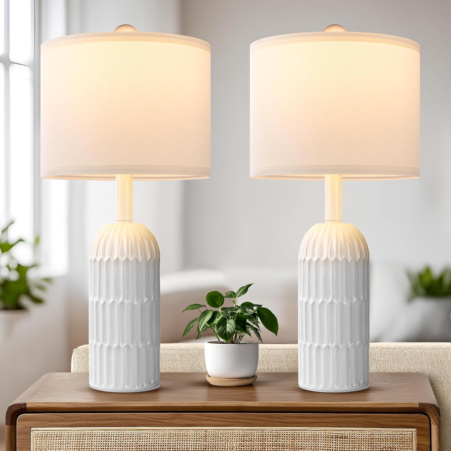 22.5″ White Modern Table Lamps Set of 2 for Living Room Bedroom, Farmhouse Vintage Bedside Table Lamps with White Linen Shade, Rustic Bedroom Table Lamp for Nightstand Home Office End Table Dorm