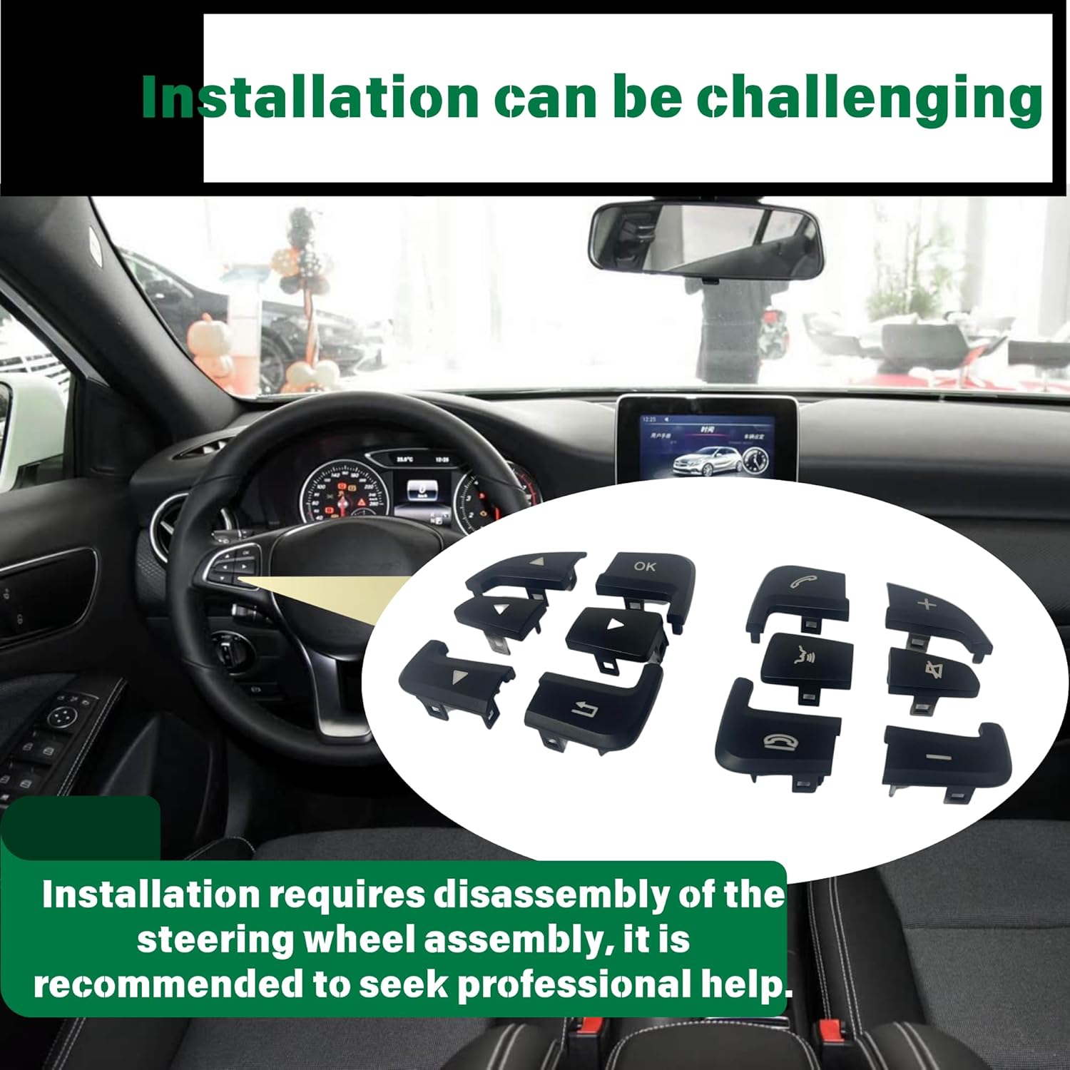 Compatible with Mercedes Benz Steering Wheel Control Button Cover Replacement W166 GLS GLE A B CLA CLS GLA SL SLC W176 W246 W117 W218 W156 W231 W172 (Black, A set 12pcs)