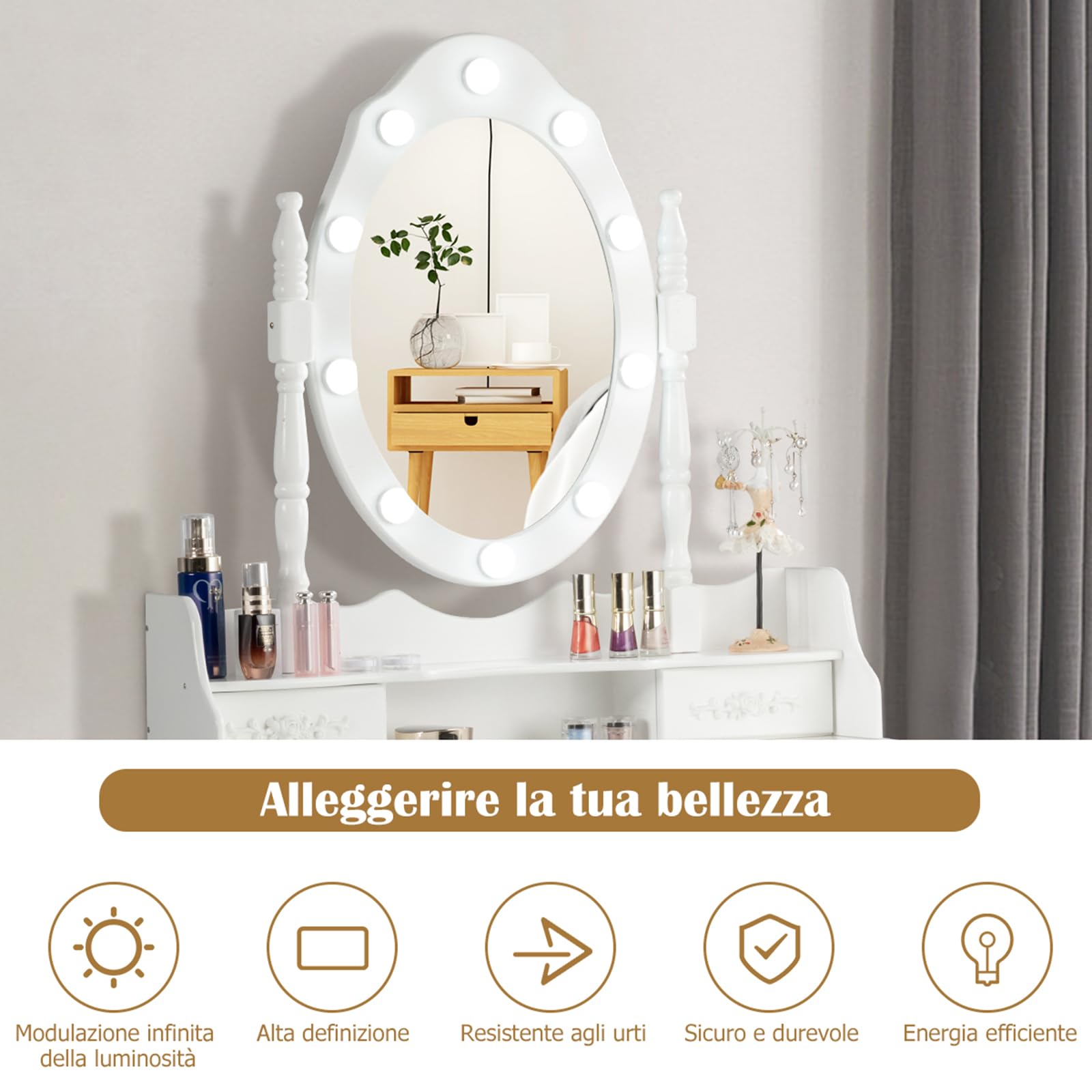 COSTWAY Toeletta Trucco con Specchio Girevole, 10 Luci LED, Luminosità Regolabile, Postazione Trucco con Sgabello e 4 Cassetti, Tavolo da Trucco Scrivania Camera da Letto, 146x75x40cm (Bianco)