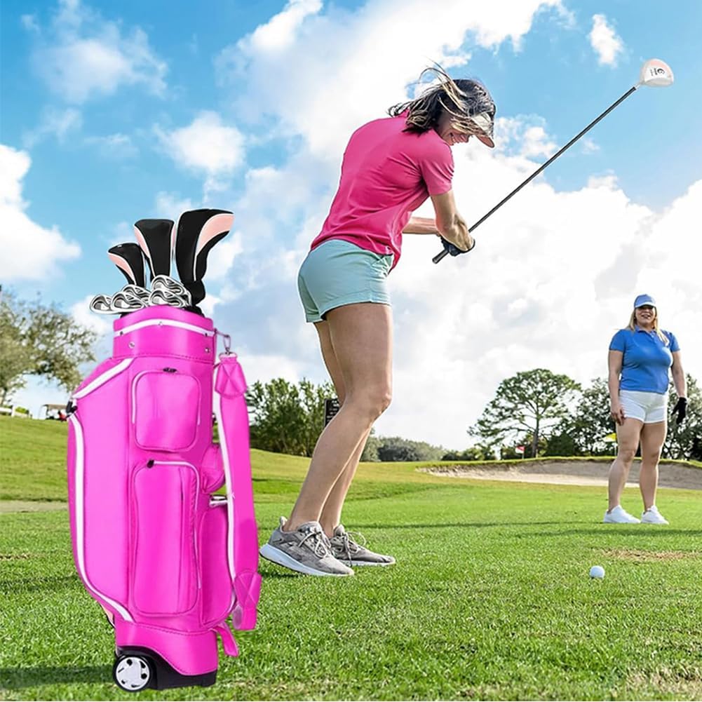 PU Leather Golf Cart Bag, 5-Way Storage and Isolation Layer, with Adjustable Padded Shoulder Straps, Travel Golf Club Bag with Wheels and Pull Handle, Portable for Men and Women